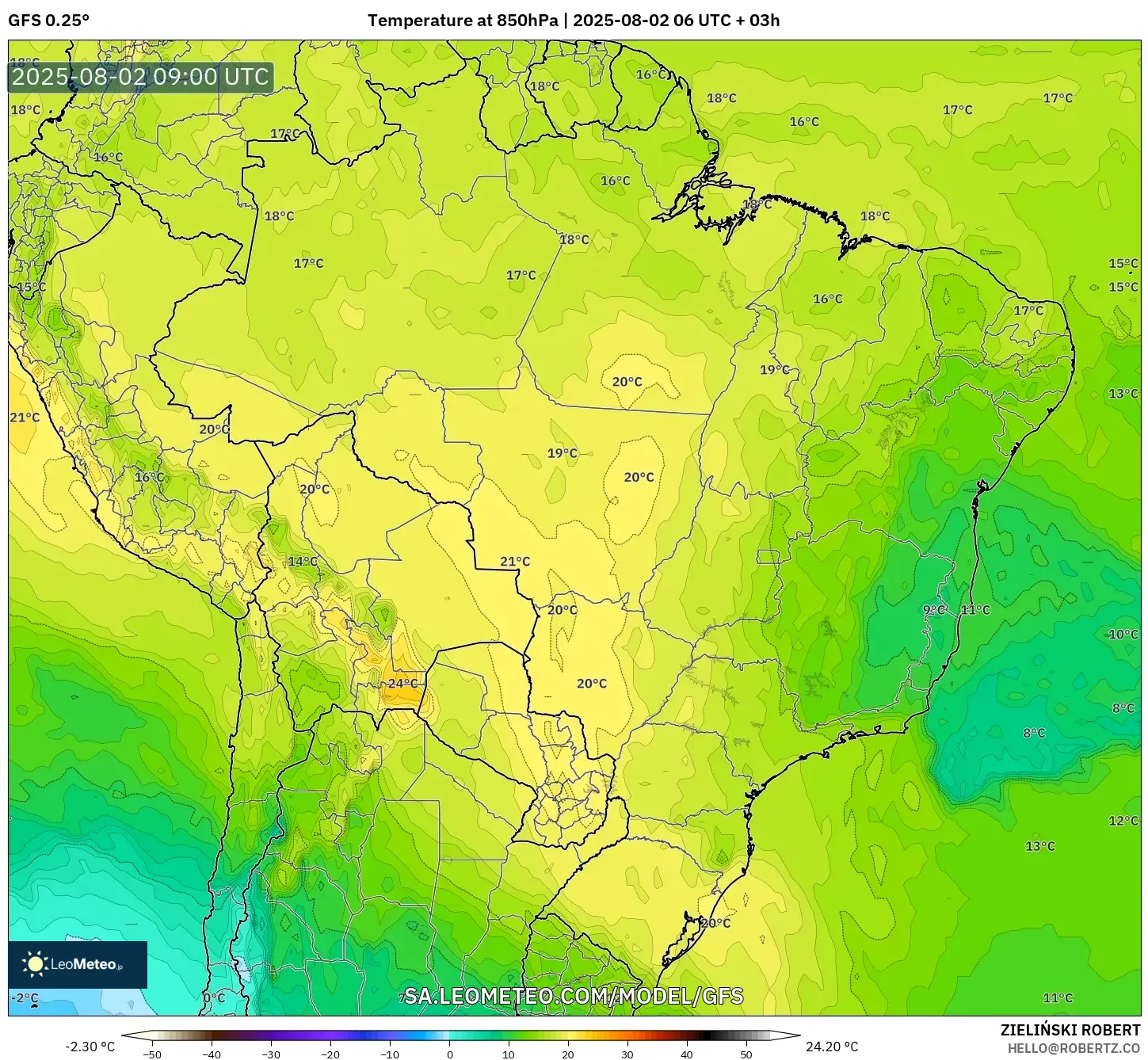 GFS model - Brazil, Suhu 850 hPa GFS model - Brazil, Suhu 850 hPa