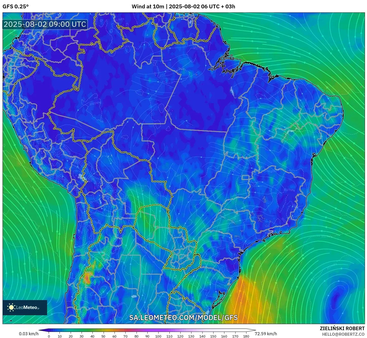 GFS model - Brazil, Angin 10 m GFS model - Brazil, Angin 10 m