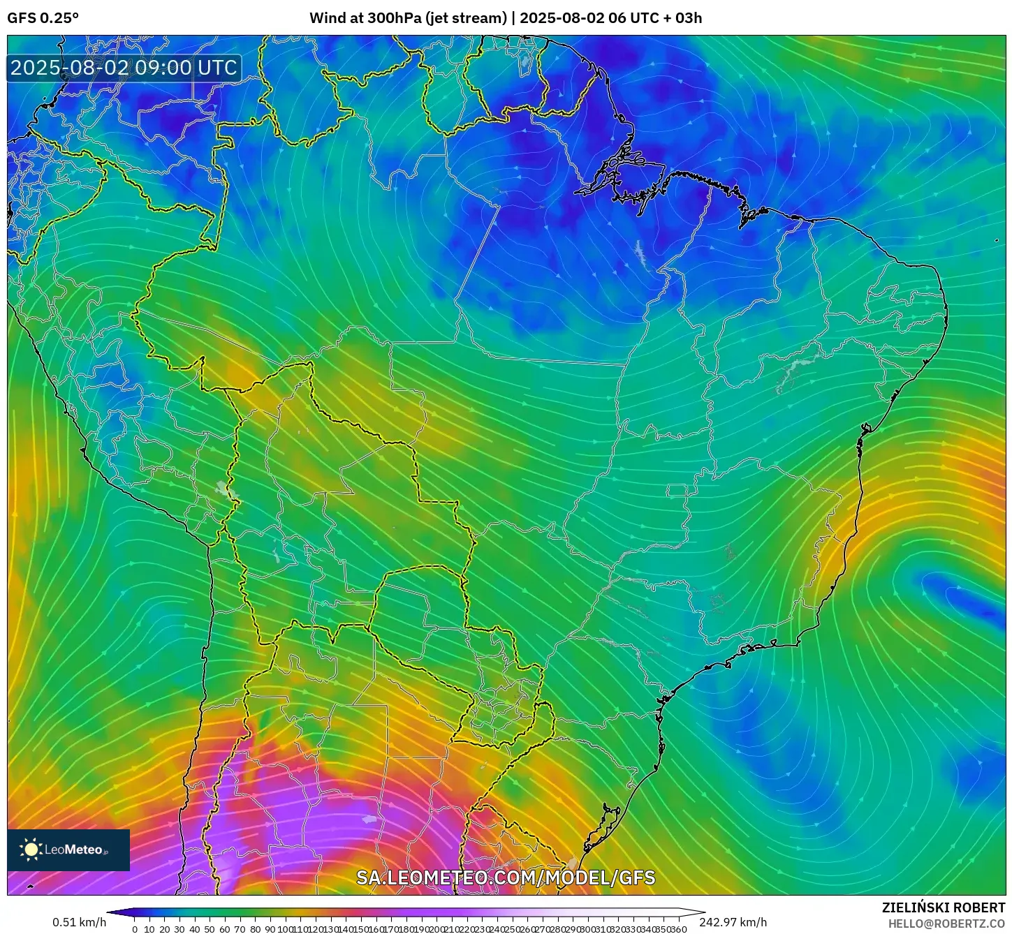 GFS model - Brazil, Angin 300 hPa (aliran jet) GFS model - Brazil, Angin 300 hPa (aliran jet)