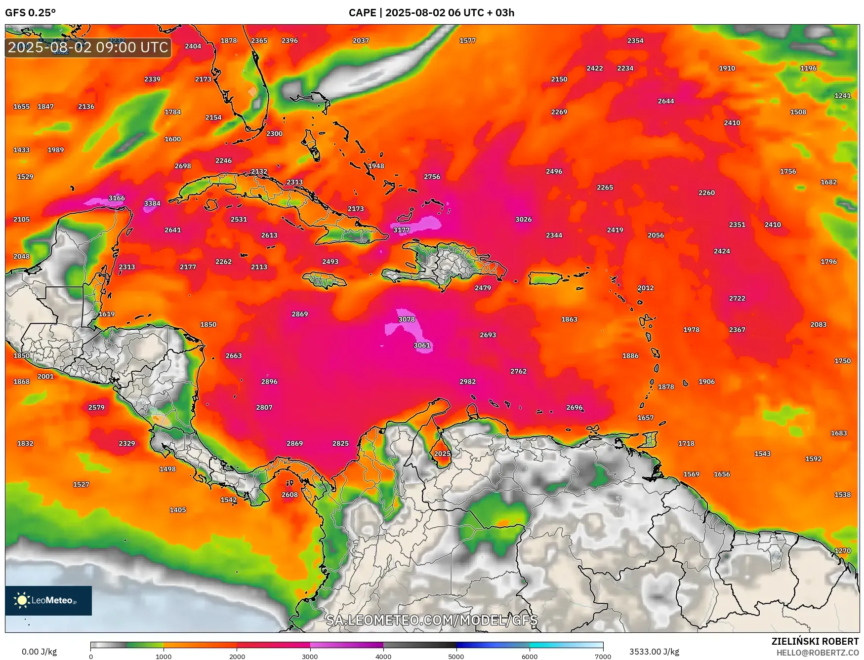GFS model - Caribbean, CAPE