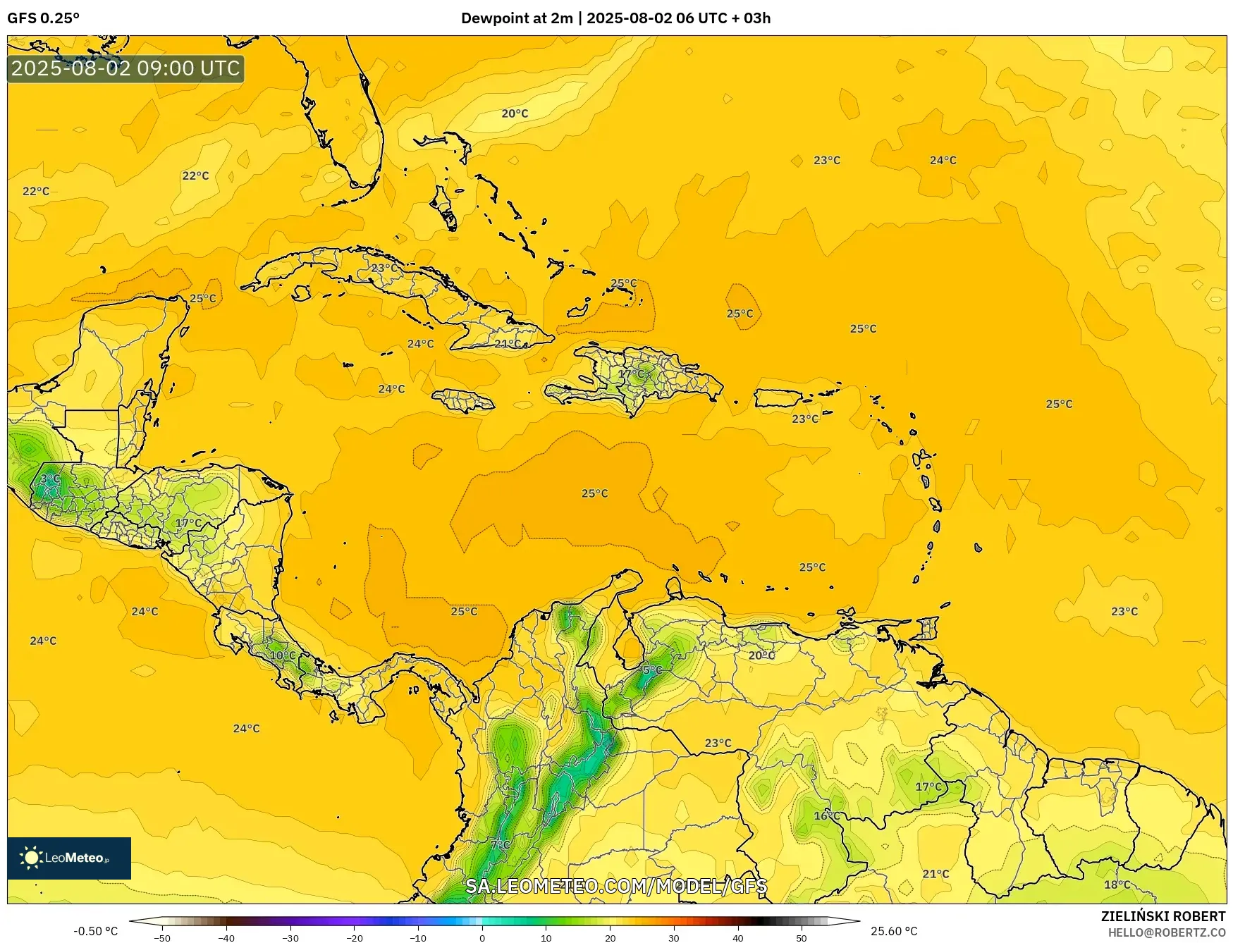 GFS model - Caribbean, Dewpoint at 2m GFS model - Caribbean, Dewpoint at 2m