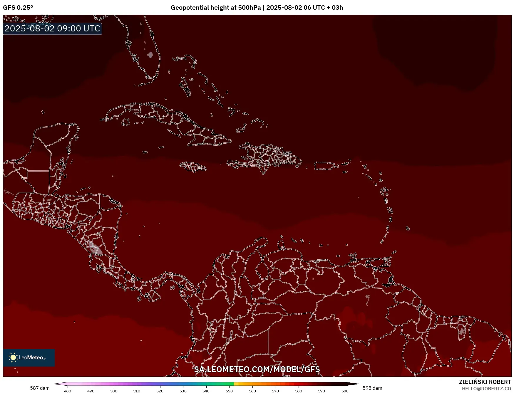 GFS model - Caribbean, Geopotential height at 500hPa