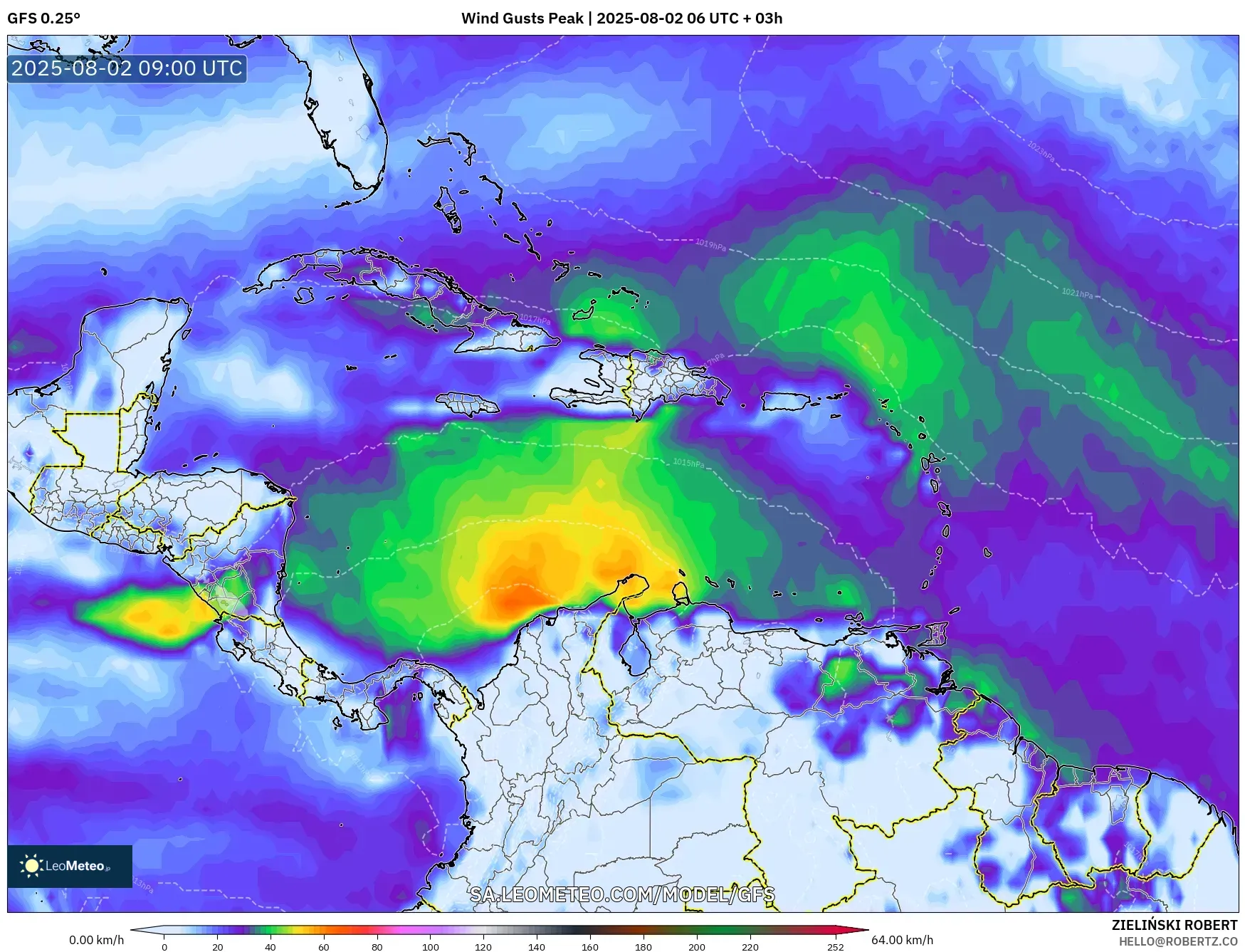 GFS model - Caribbean, Wind Gusts Peak GFS model - Caribbean, Wind Gusts Peak