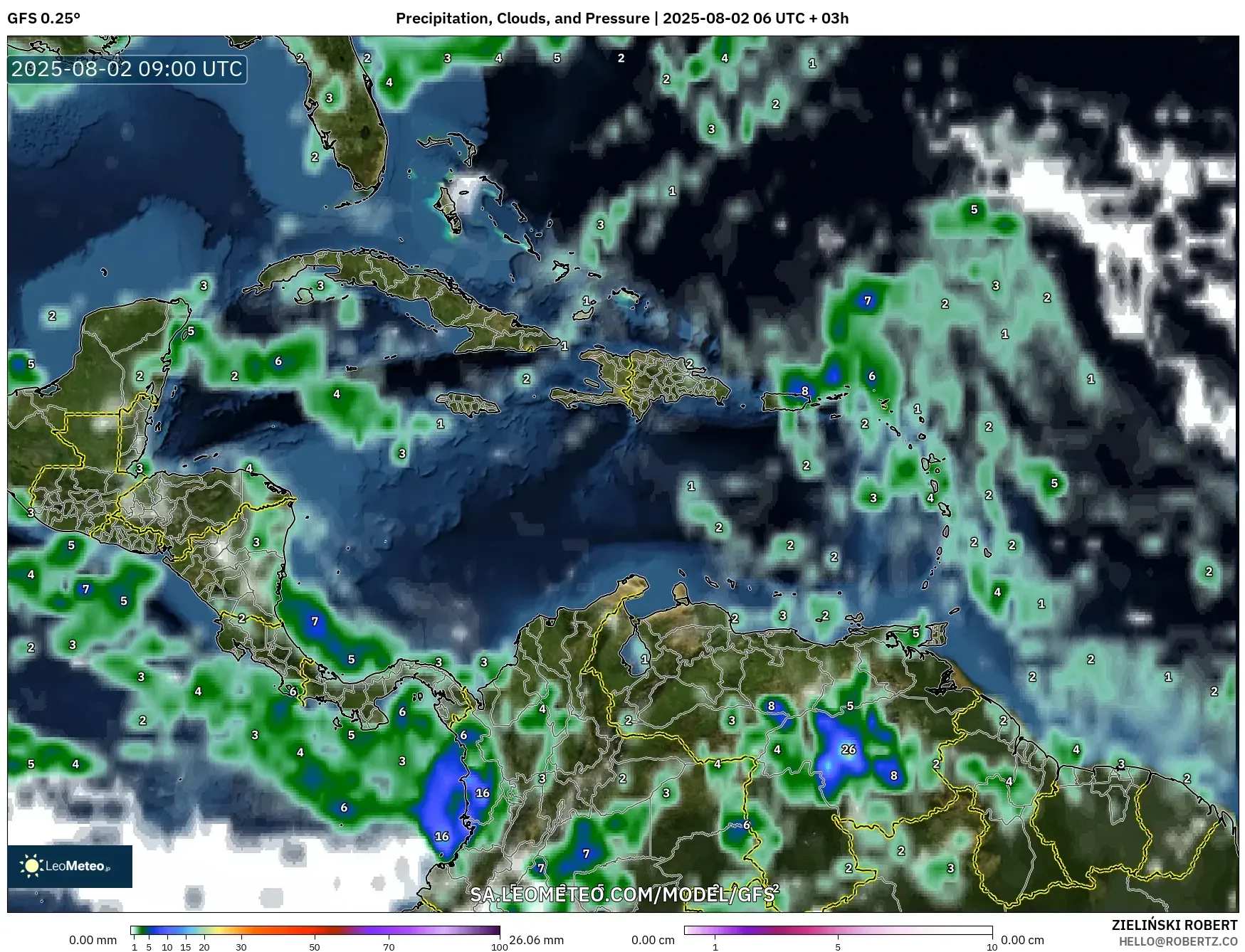 GFS model - Caribbean, Precipitation, Clouds, and Pressure GFS model - Caribbean, Precipitation, Clouds, and Pressure