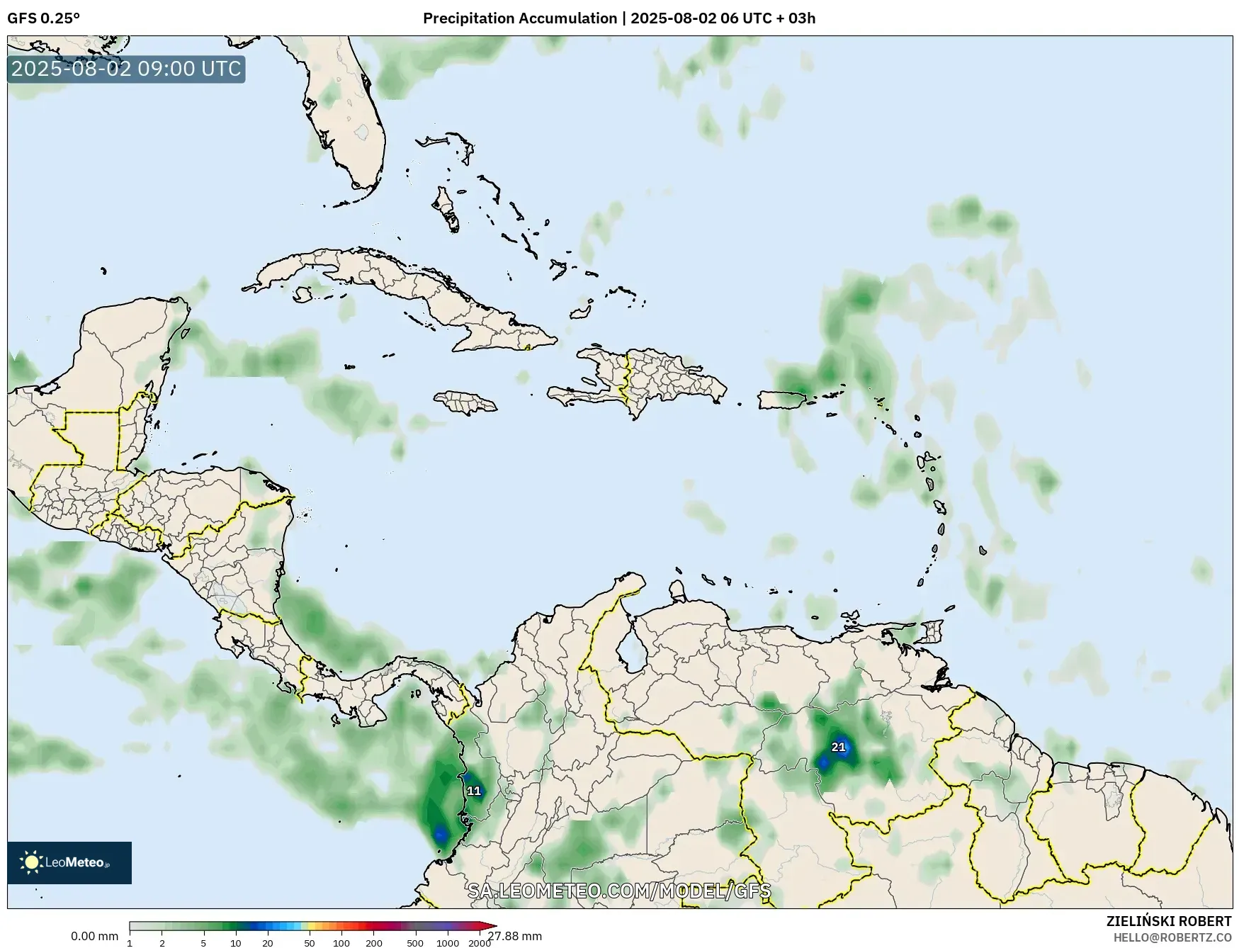 GFS model - Karibia, Akumulasi Curah Hujan