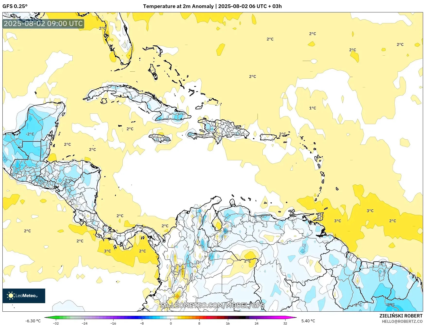 GFS model - Caribbean, Temperature at 2m Anomaly GFS model - Caribbean, Temperature at 2m Anomaly
