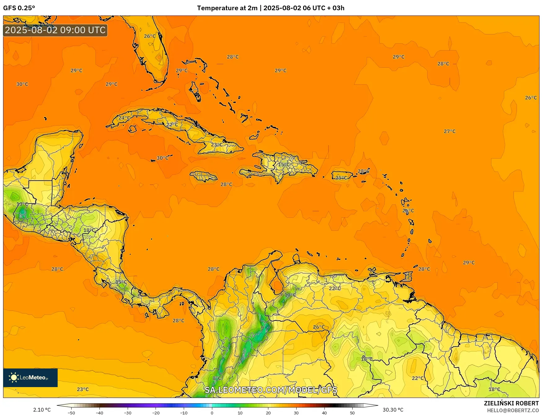 GFS model - Caribbean, Temperature at 2m GFS model - Caribbean, Temperature at 2m