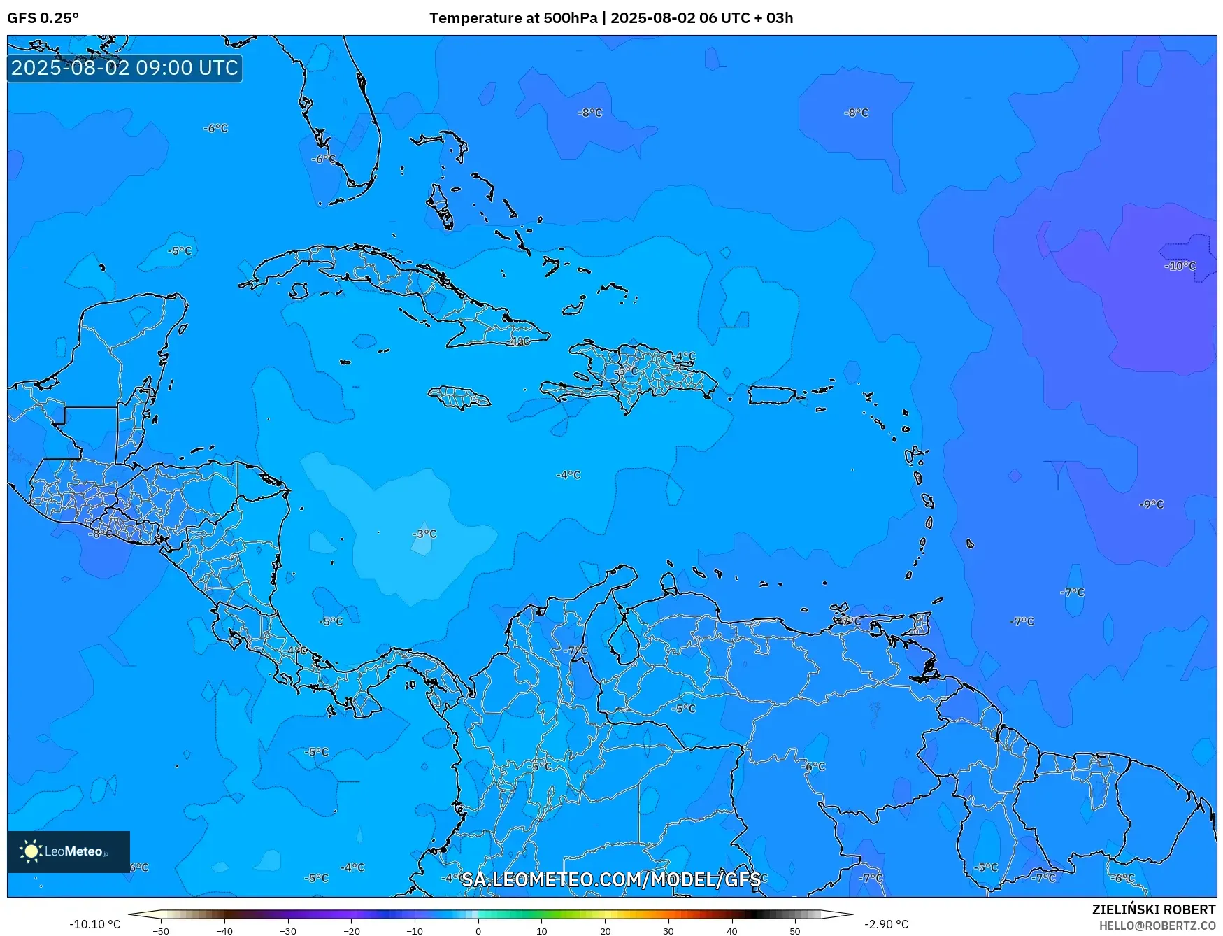 GFS model - Caribbean, Temperature at 500hPa