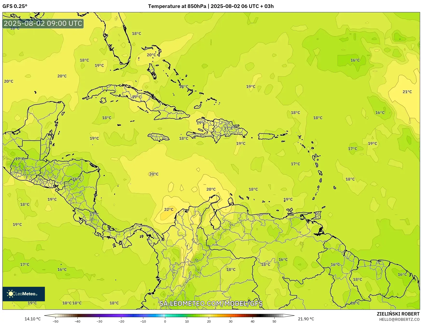 GFS model - Caribbean, Temperature at 850hPa GFS model - Caribbean, Temperature at 850hPa