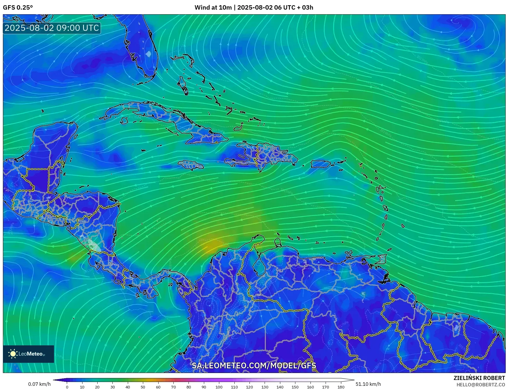 GFS model - Caribbean, Wind at 10m GFS model - Caribbean, Wind at 10m