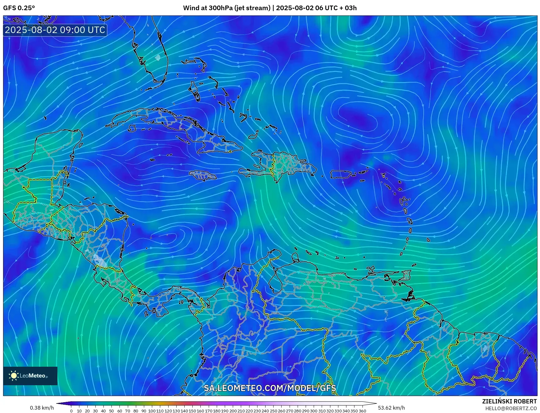 GFS model - Caribbean, Wind at 300hPa (jet stream) GFS model - Caribbean, Wind at 300hPa (jet stream)
