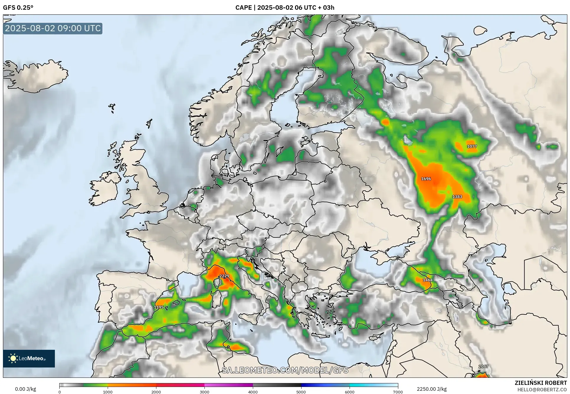 GFS model - Eropah, CAPE