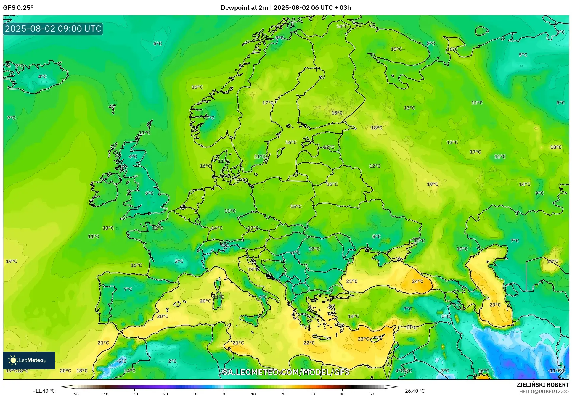 GFS model - Eropa, Titik Embun 2 m GFS model - Eropa, Titik Embun 2 m