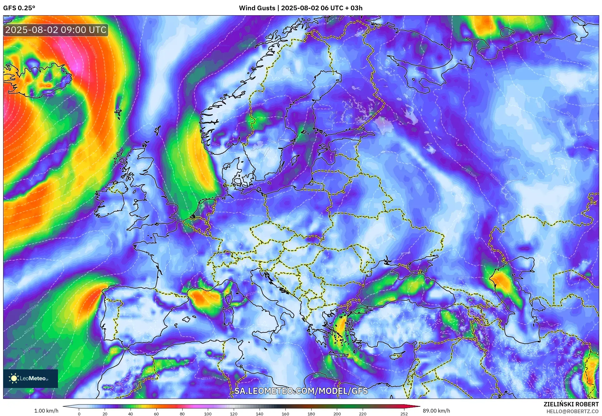 GFS model - Eropah, Hembusan Angin