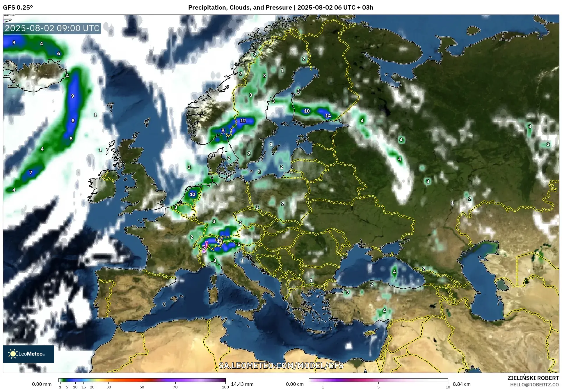GFS model - Eropa, Curah Hujan, Awan, dan Tekanan GFS model - Eropa, Curah Hujan, Awan, dan Tekanan