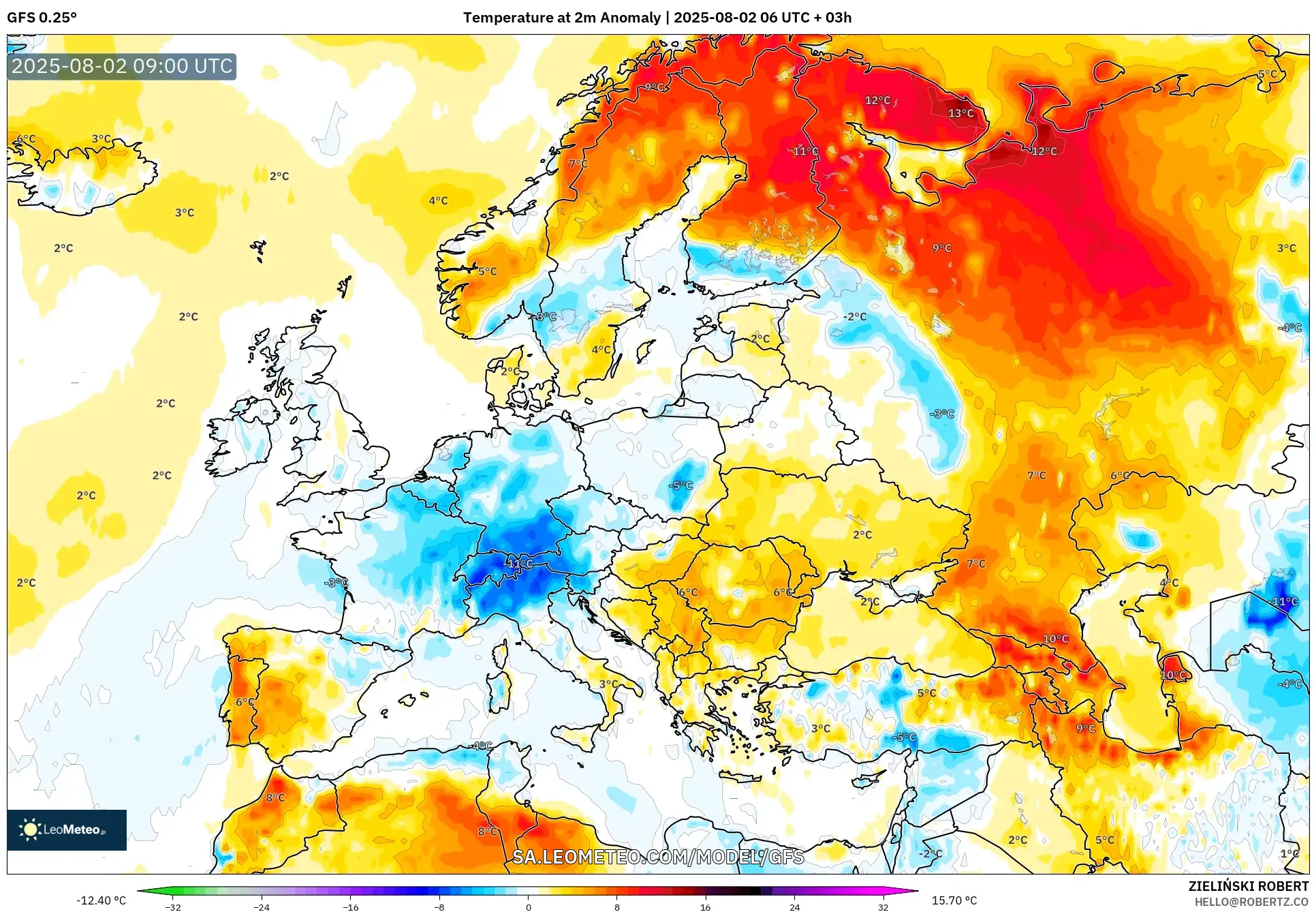 GFS model - Eropah, Anomali Suhu 2 m GFS model - Eropah, Anomali Suhu 2 m