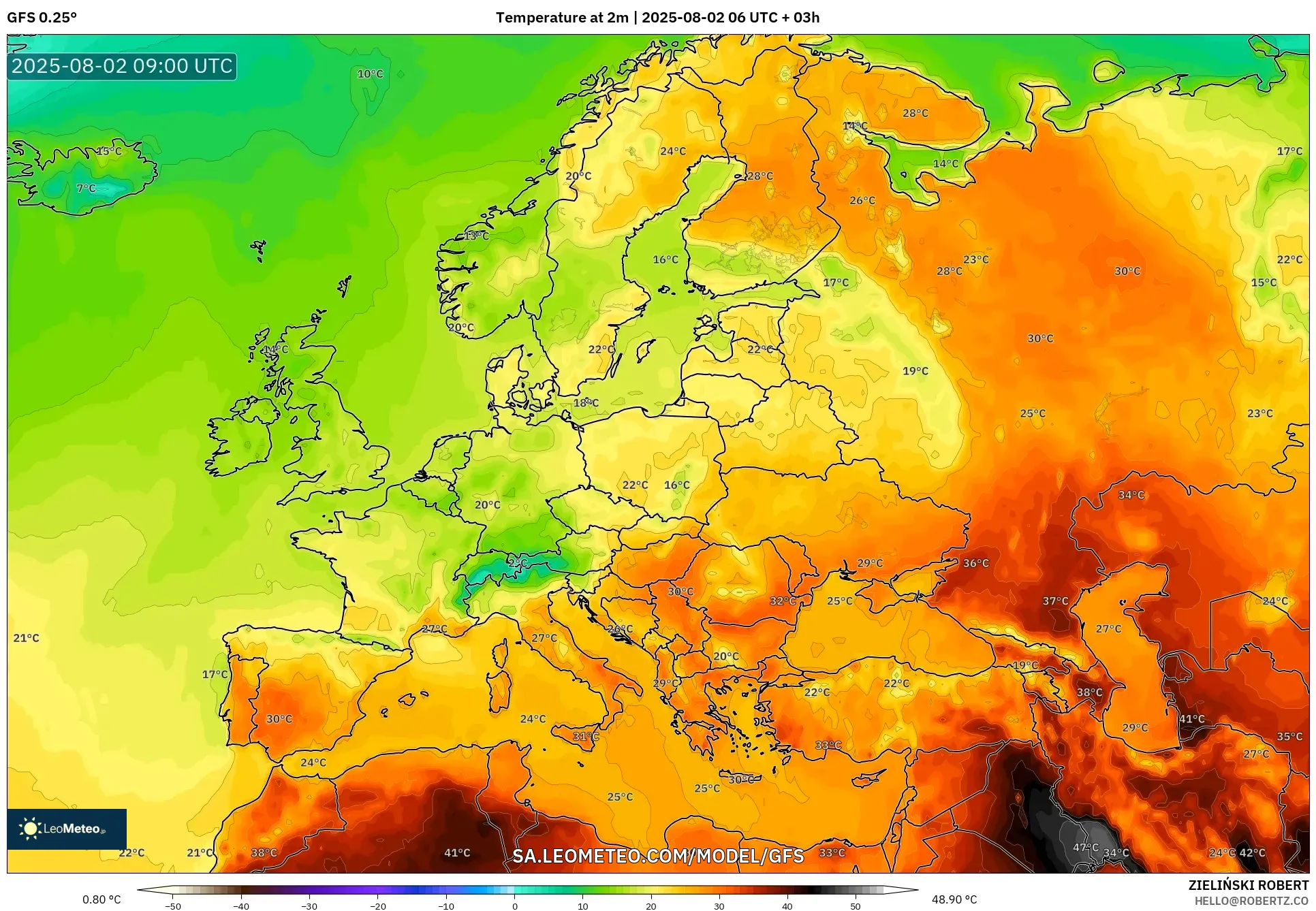GFS model - Eropah, Suhu pada 2 m GFS model - Eropah, Suhu pada 2 m