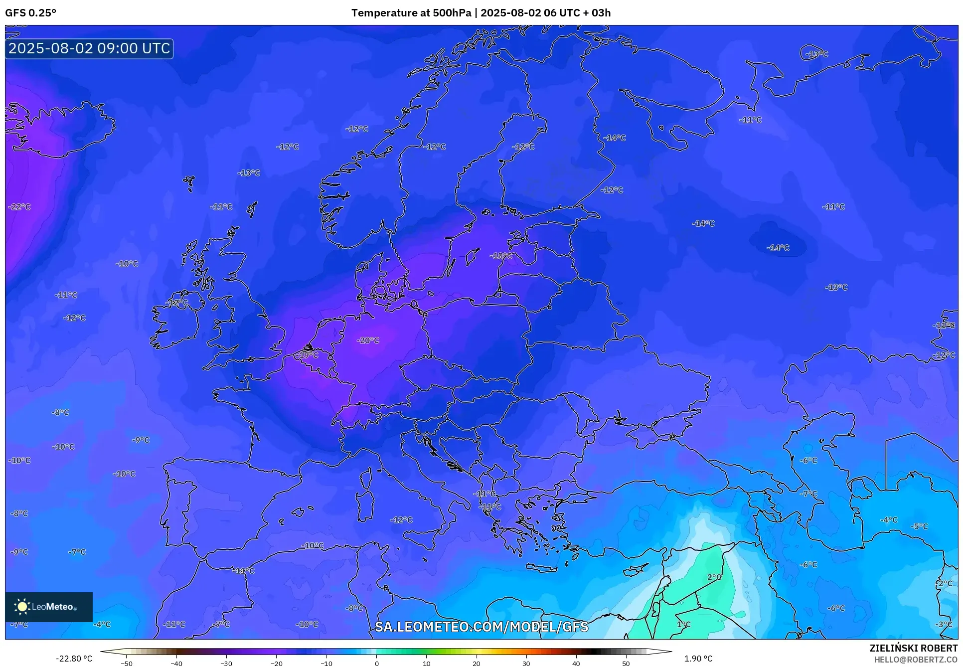 GFS model - Eropah, Suhu 500 hPa GFS model - Eropah, Suhu 500 hPa