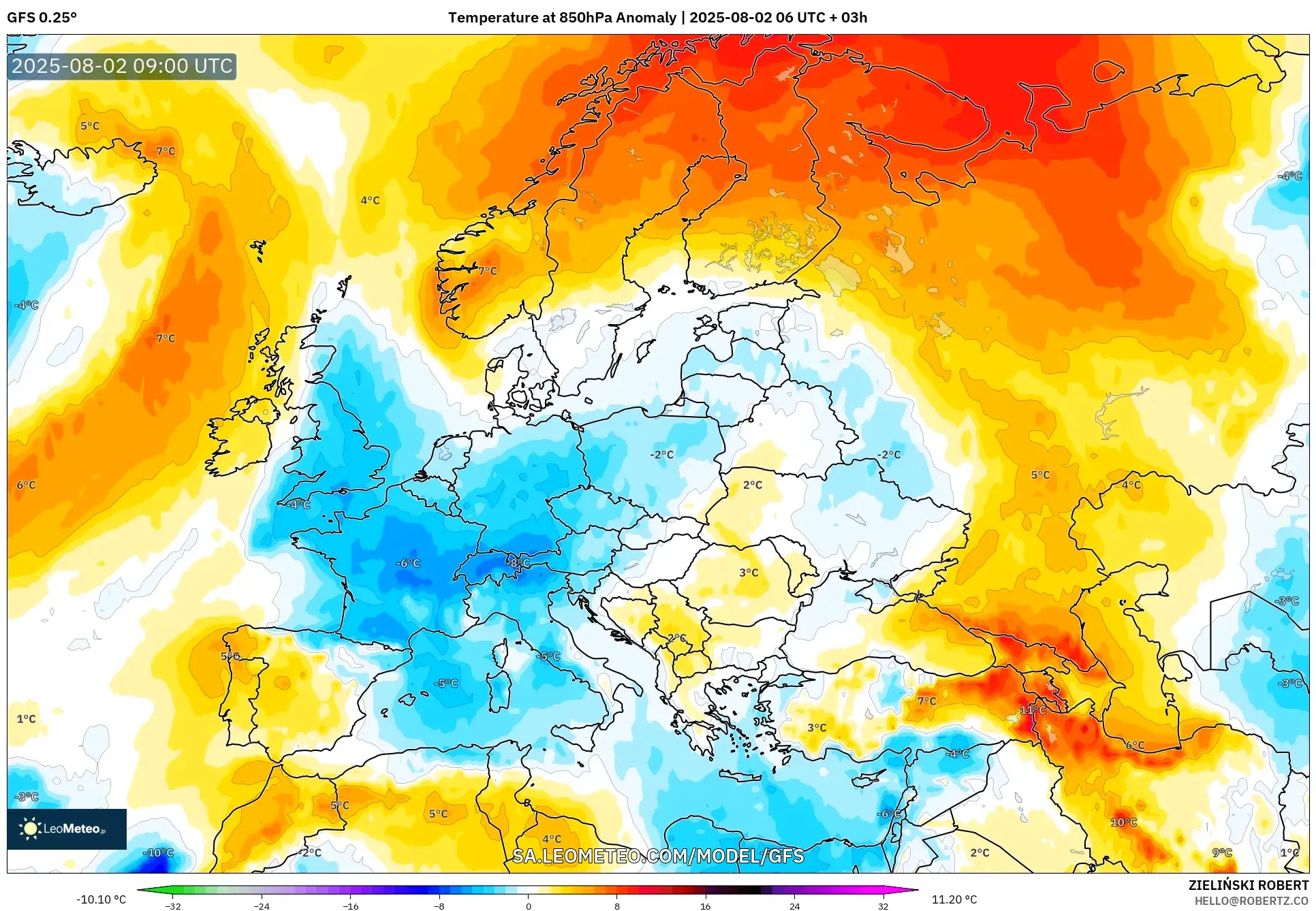 GFS model - Eropa, Anomali Suhu 850 hPa GFS model - Eropa, Anomali Suhu 850 hPa
