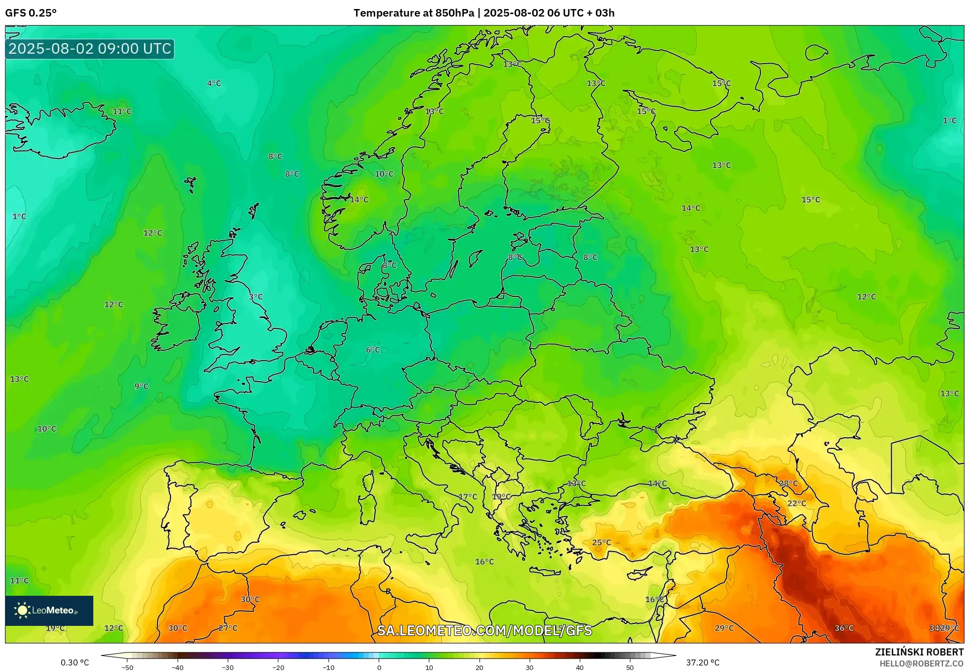 GFS model - Eropah, Suhu 850 hPa