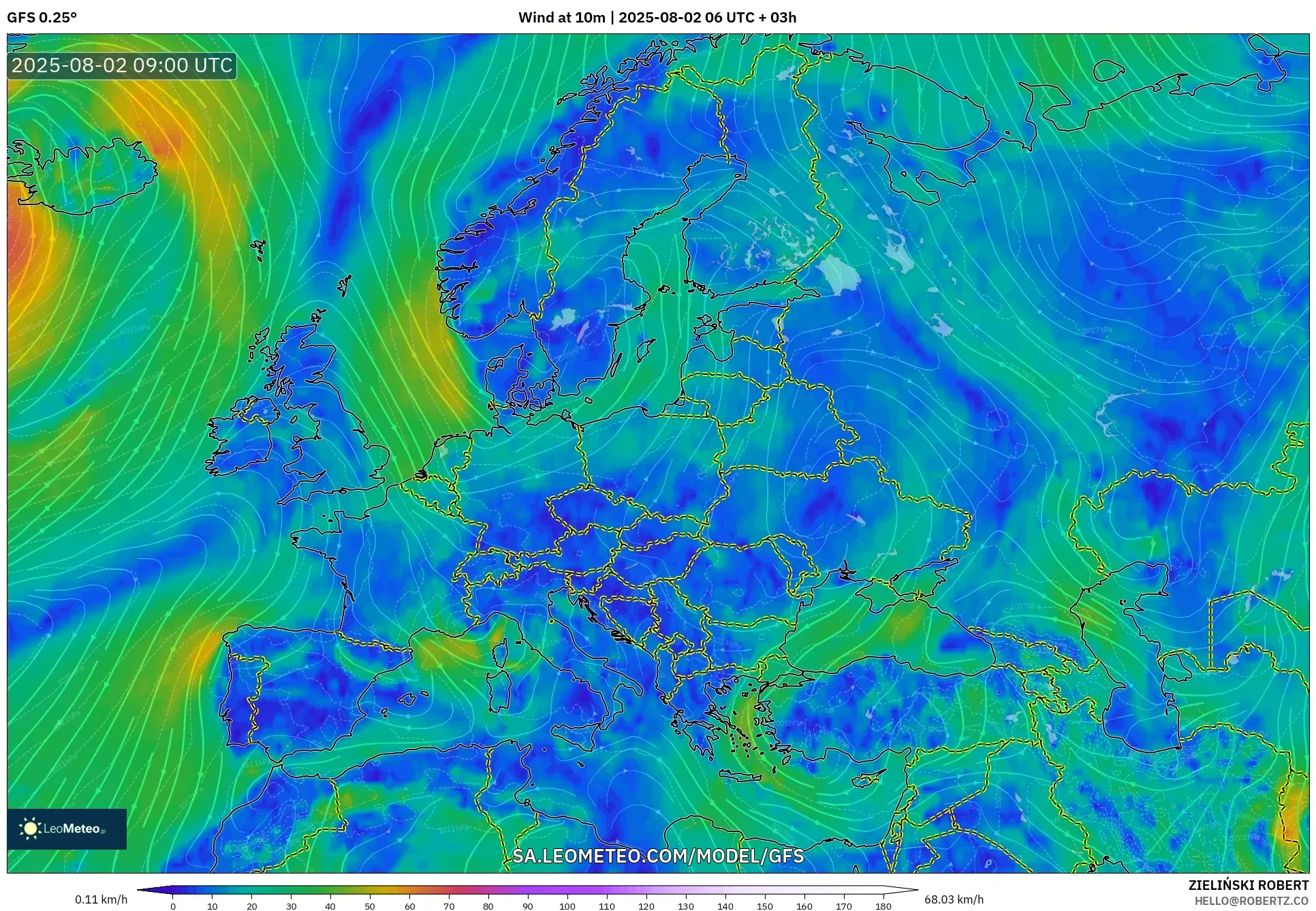 GFS model - Eropah, Angin 10 m