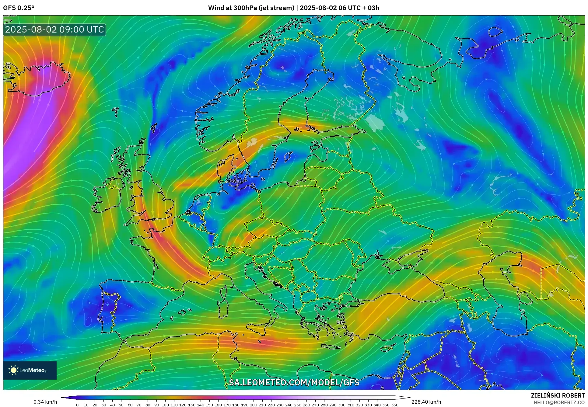 GFS model - Eropah, Angin 300 hPa (aliran jet) GFS model - Eropah, Angin 300 hPa (aliran jet)