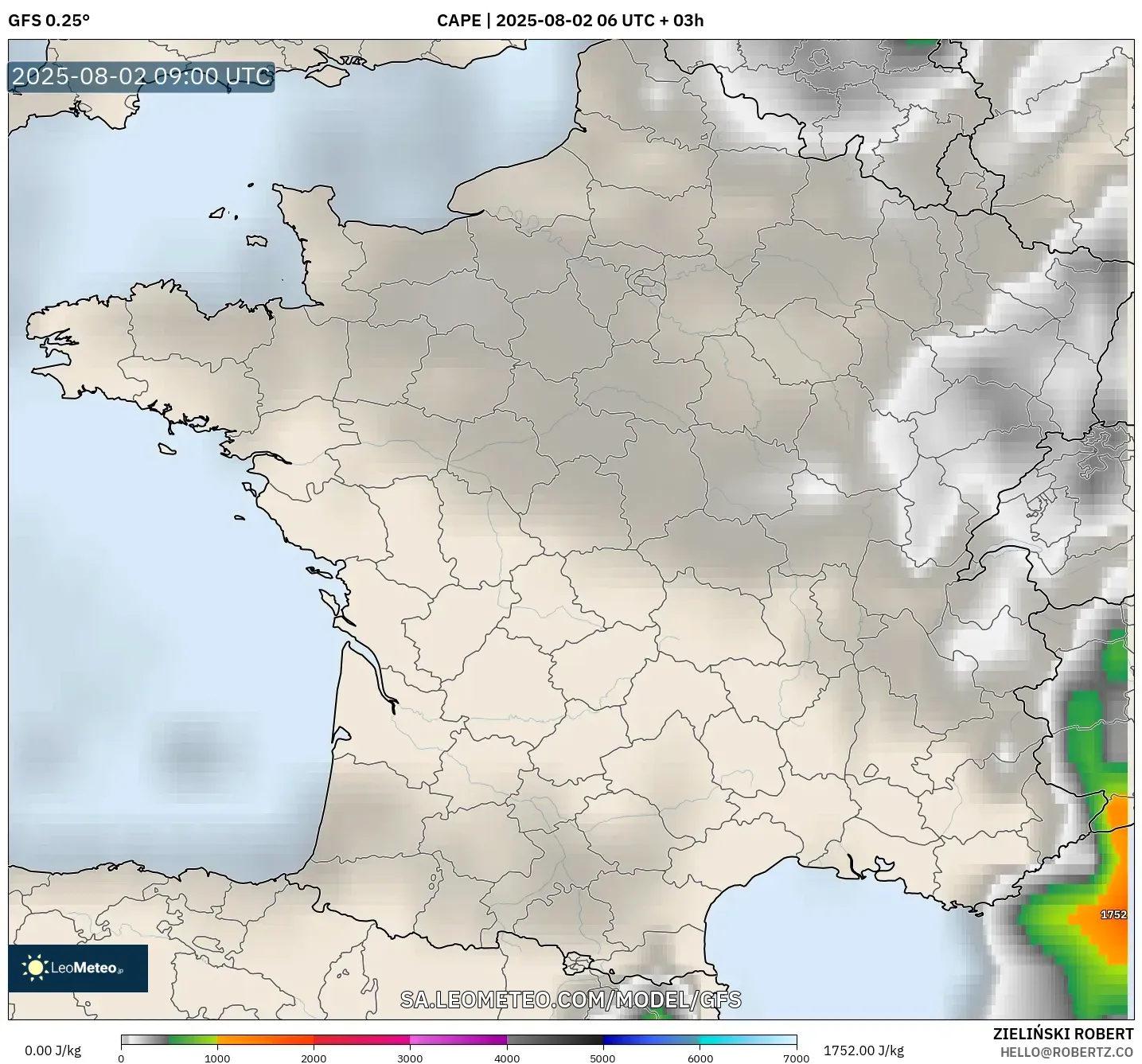 GFS model - Perancis, CAPE GFS model - Perancis, CAPE