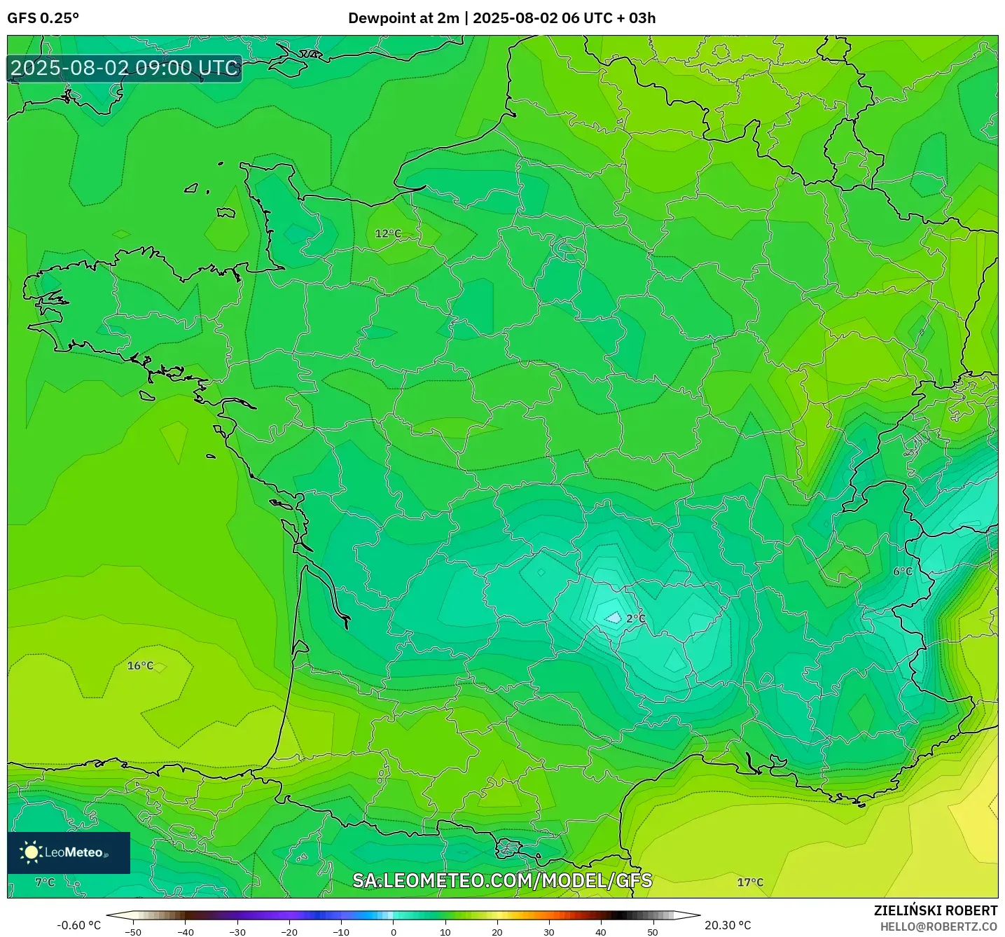 GFS model - Prancis, Titik Embun 2 m GFS model - Prancis, Titik Embun 2 m