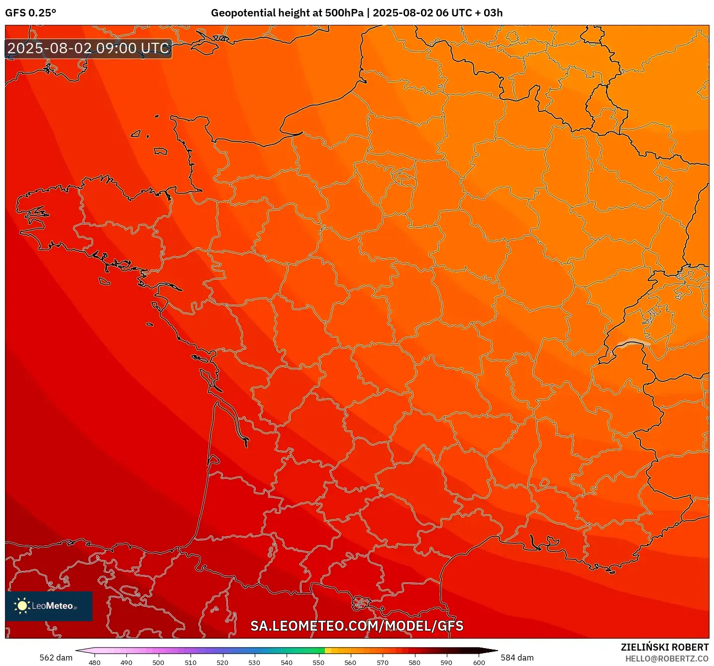 GFS model - Perancis, Ketinggian geopotensial pada 500 hPa GFS model - Perancis, Ketinggian geopotensial pada 500 hPa