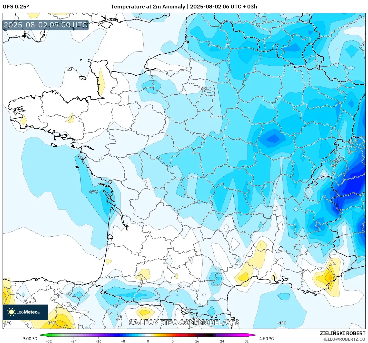 GFS model - Prancis, Anomali Suhu 2 m GFS model - Prancis, Anomali Suhu 2 m