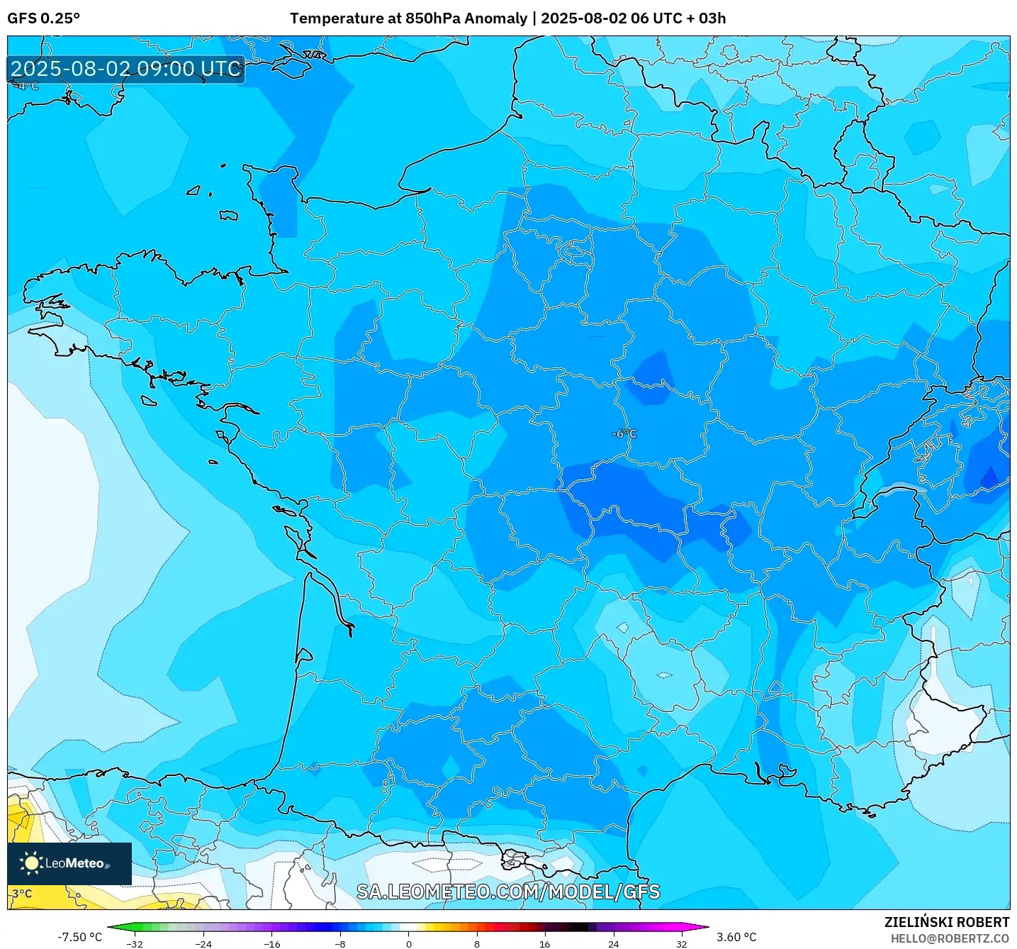 GFS model - Prancis, Anomali Suhu 850 hPa GFS model - Prancis, Anomali Suhu 850 hPa