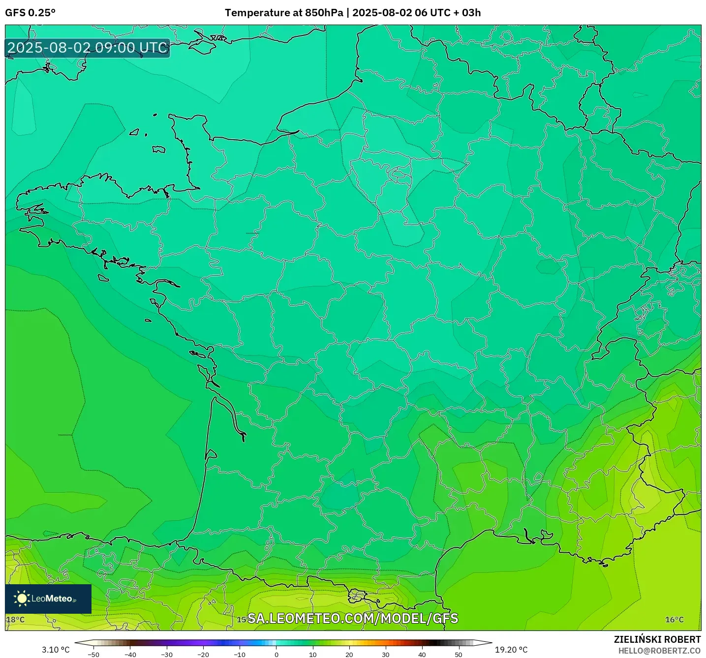 GFS model - Perancis, Suhu 850 hPa GFS model - Perancis, Suhu 850 hPa