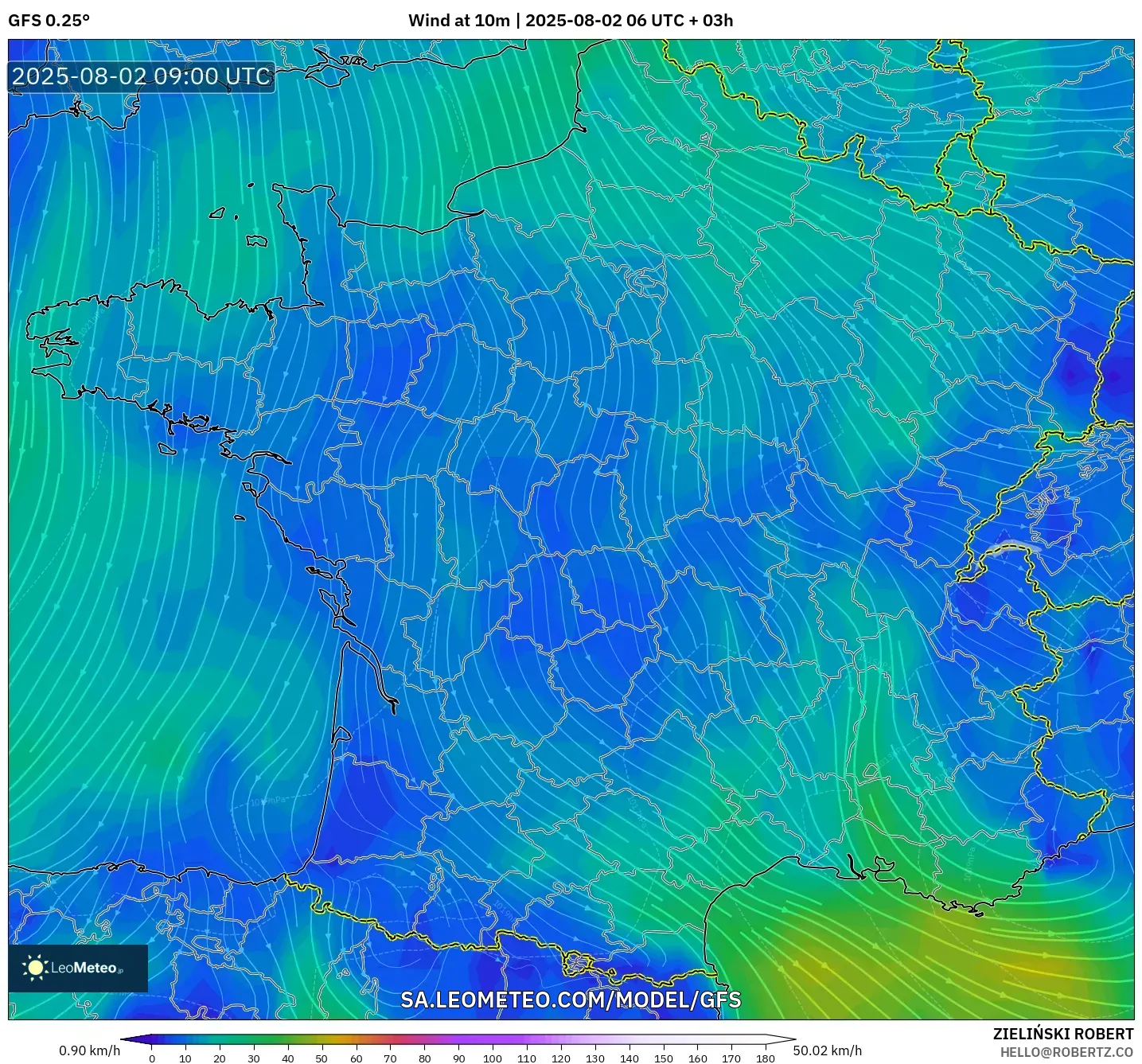 GFS model - Prancis, Angin 10 m GFS model - Prancis, Angin 10 m
