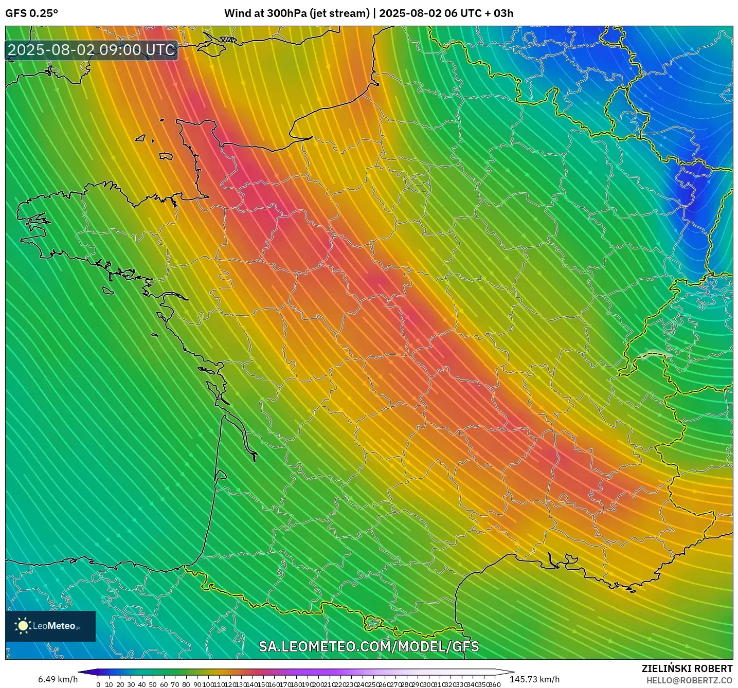 GFS model - Prancis, Angin 300 hPa (aliran jet) GFS model - Prancis, Angin 300 hPa (aliran jet)