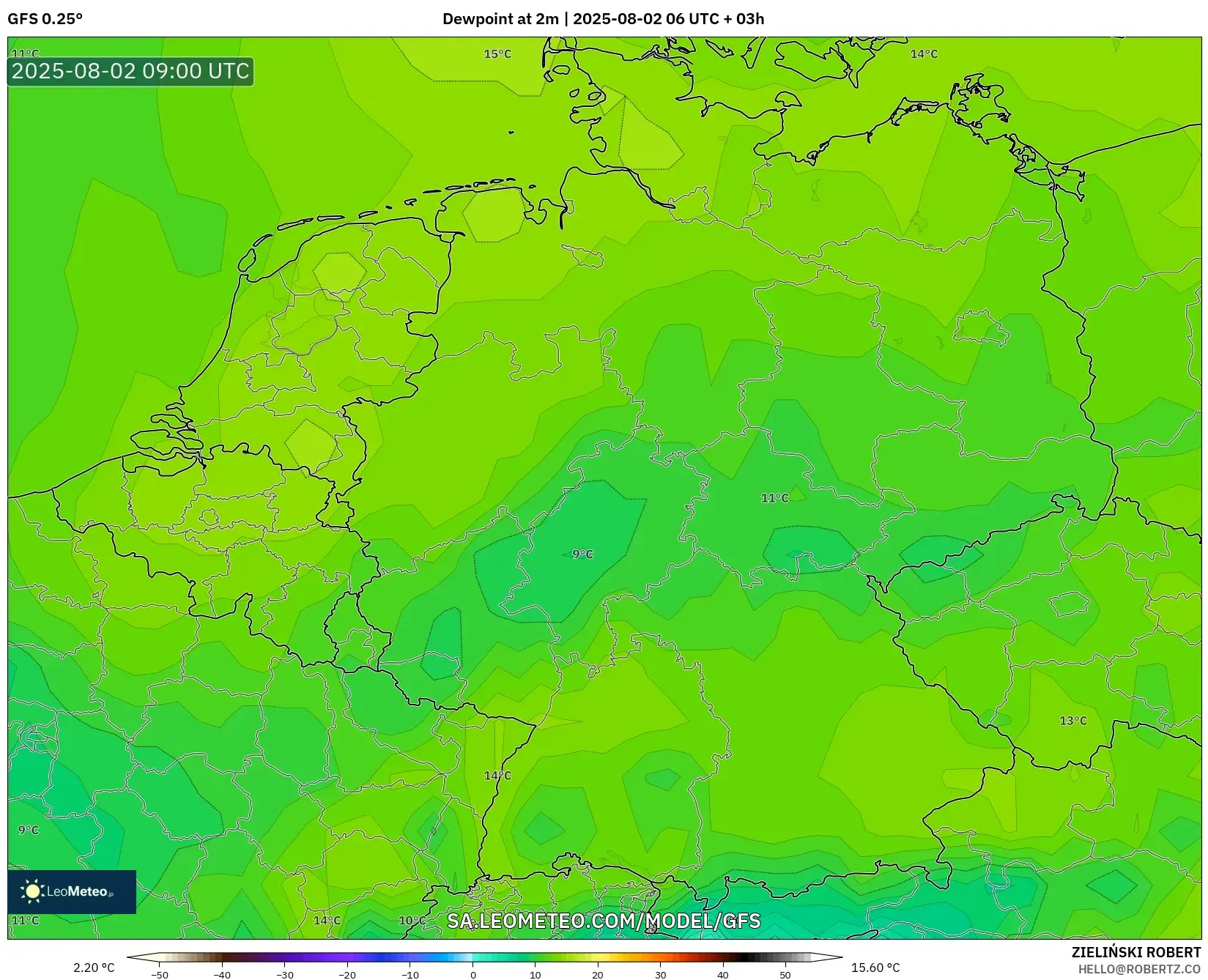 GFS model - Jerman, Titik Embun 2 m GFS model - Jerman, Titik Embun 2 m