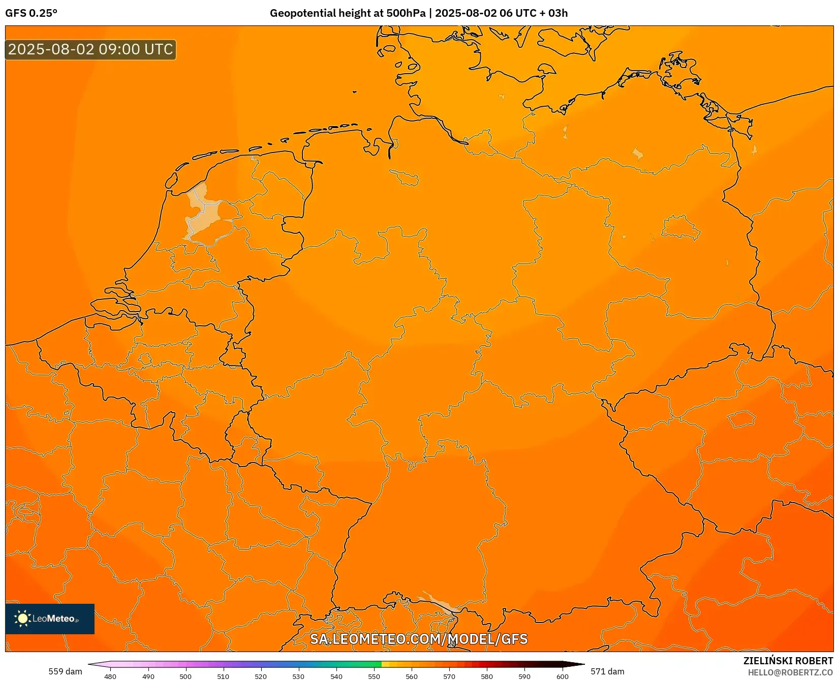 GFS model - Jerman, Ketinggian geopotensial pada 500 hPa
