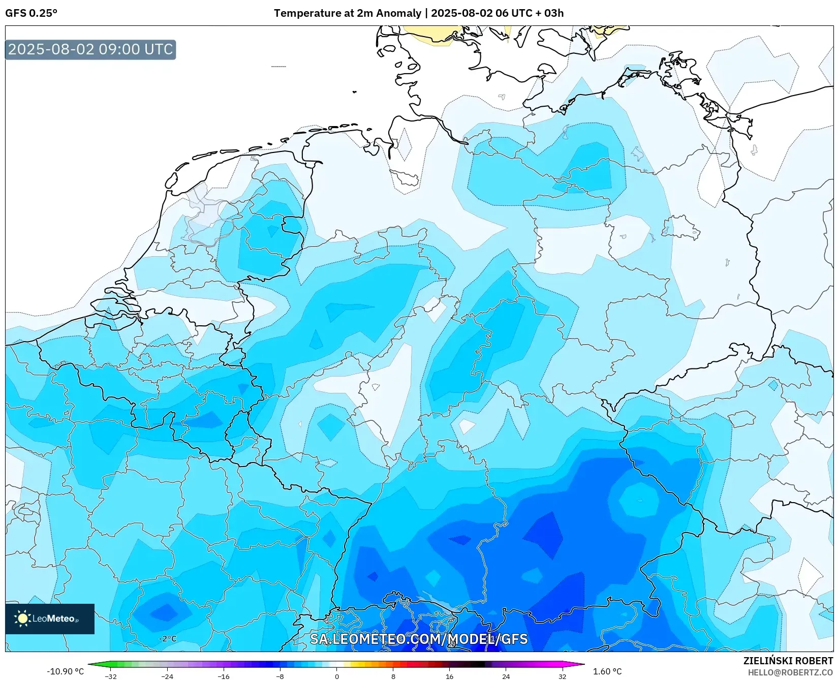 GFS model - Jerman, Anomali Suhu 2 m GFS model - Jerman, Anomali Suhu 2 m