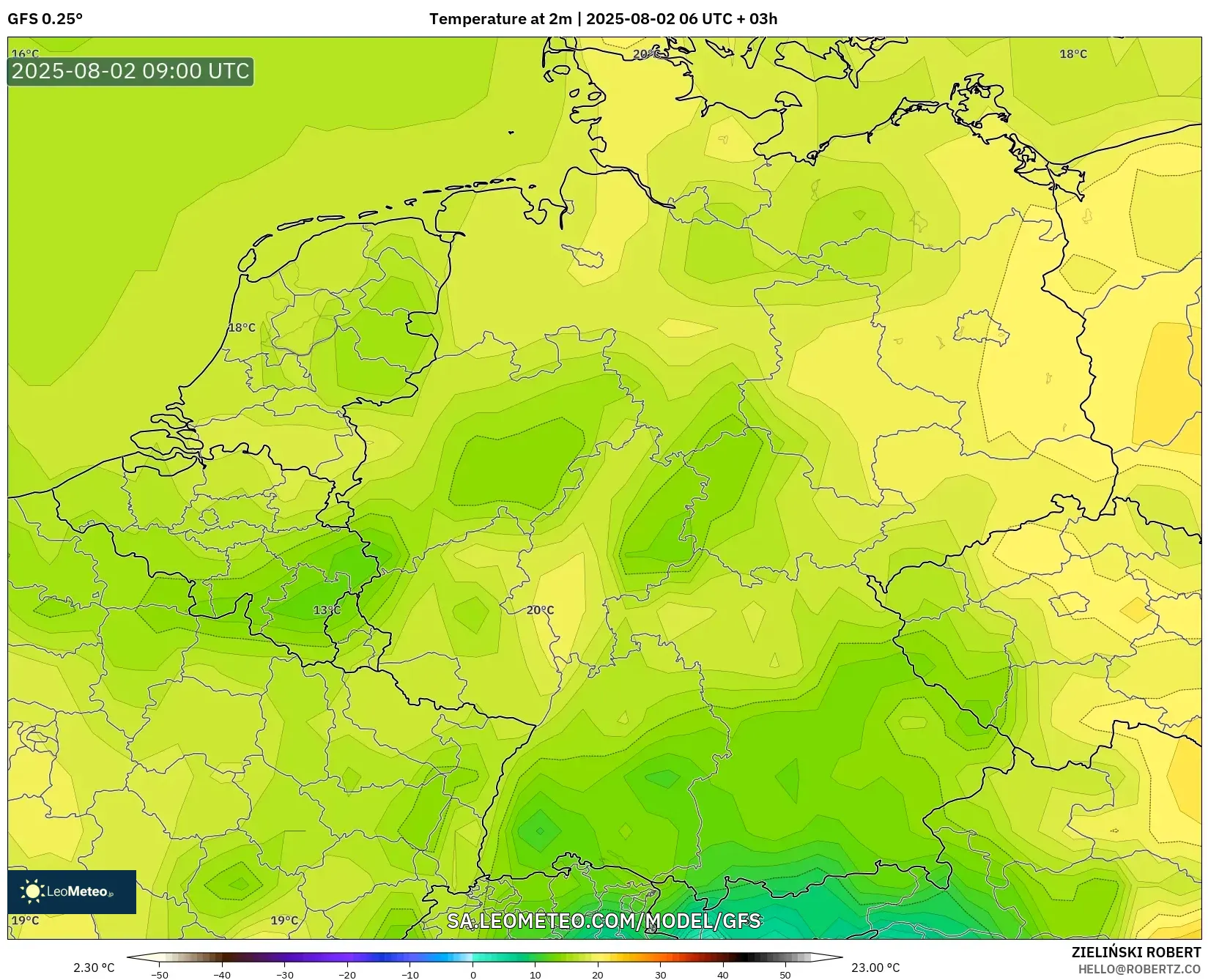 GFS model - Jerman, Suhu 2 m GFS model - Jerman, Suhu 2 m