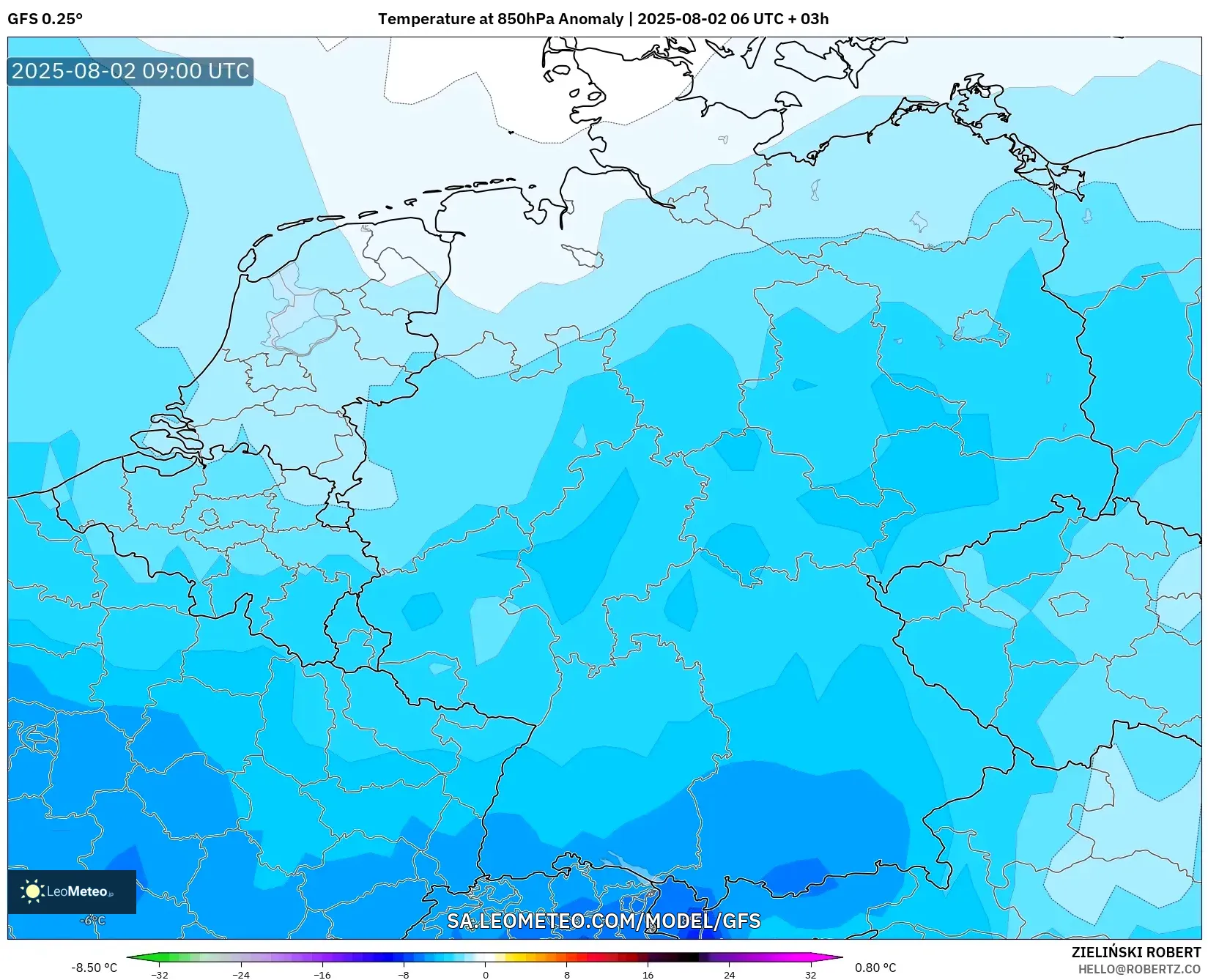 GFS model - Jerman, Anomali Suhu 850 hPa GFS model - Jerman, Anomali Suhu 850 hPa