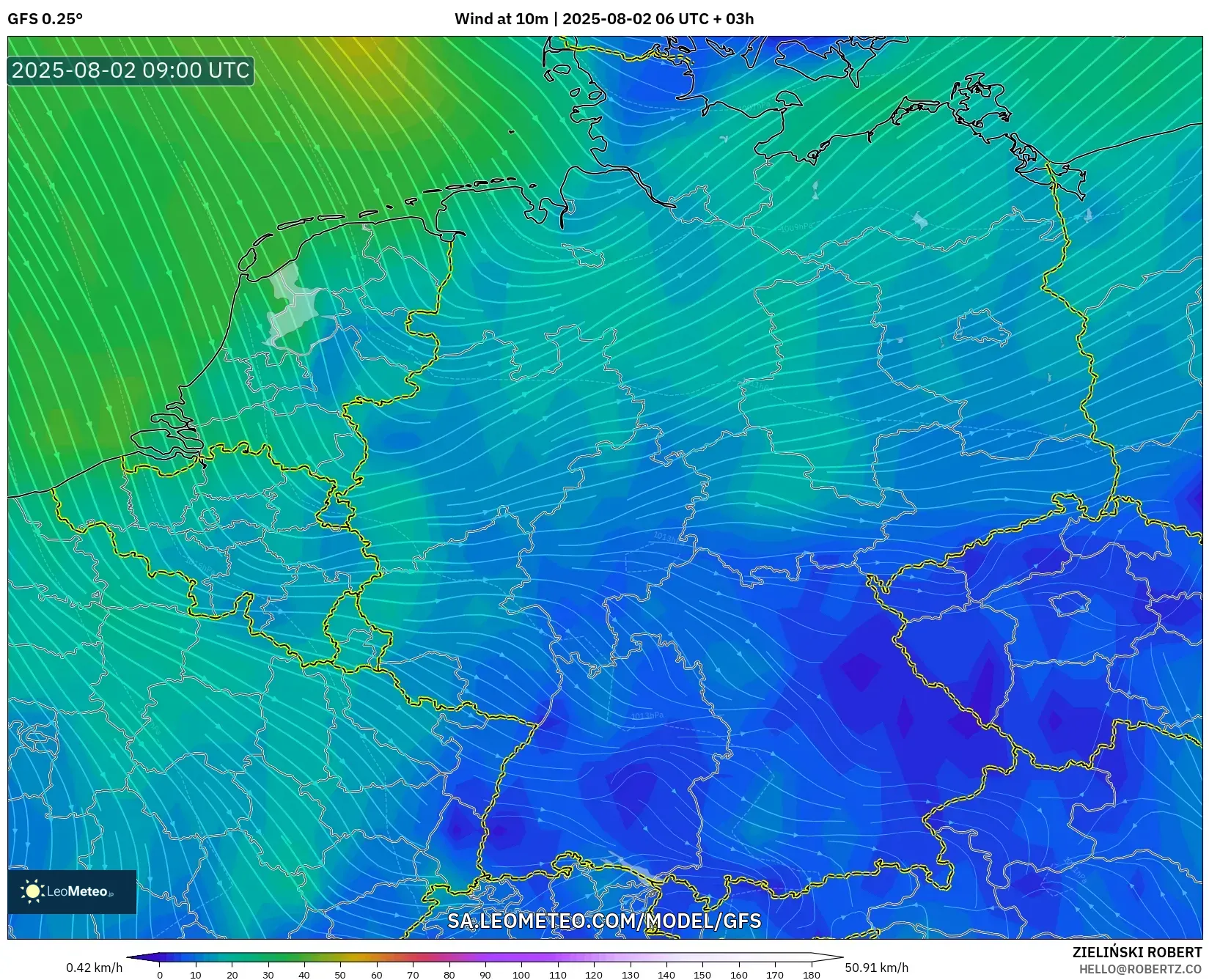 GFS model - Jerman, Angin 10 m GFS model - Jerman, Angin 10 m