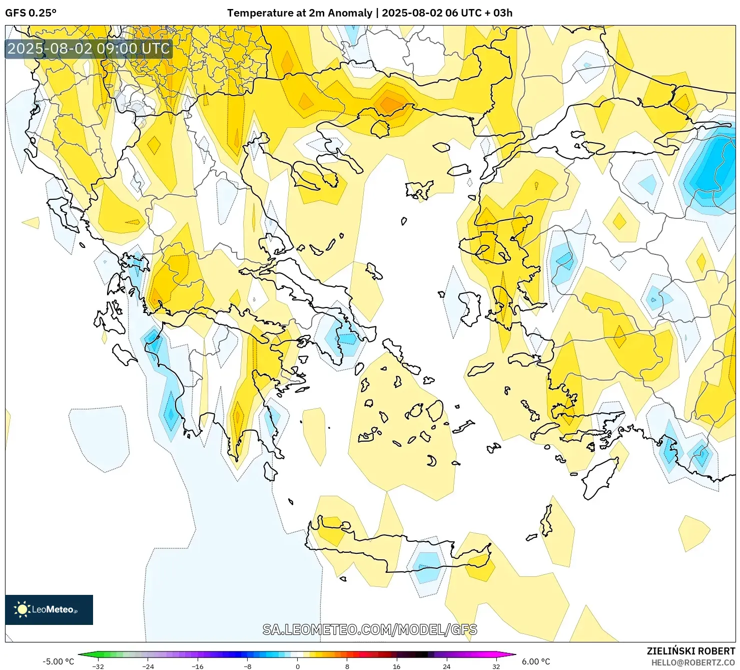 GFS model - Yunani, Anomali Suhu 2 m GFS model - Yunani, Anomali Suhu 2 m