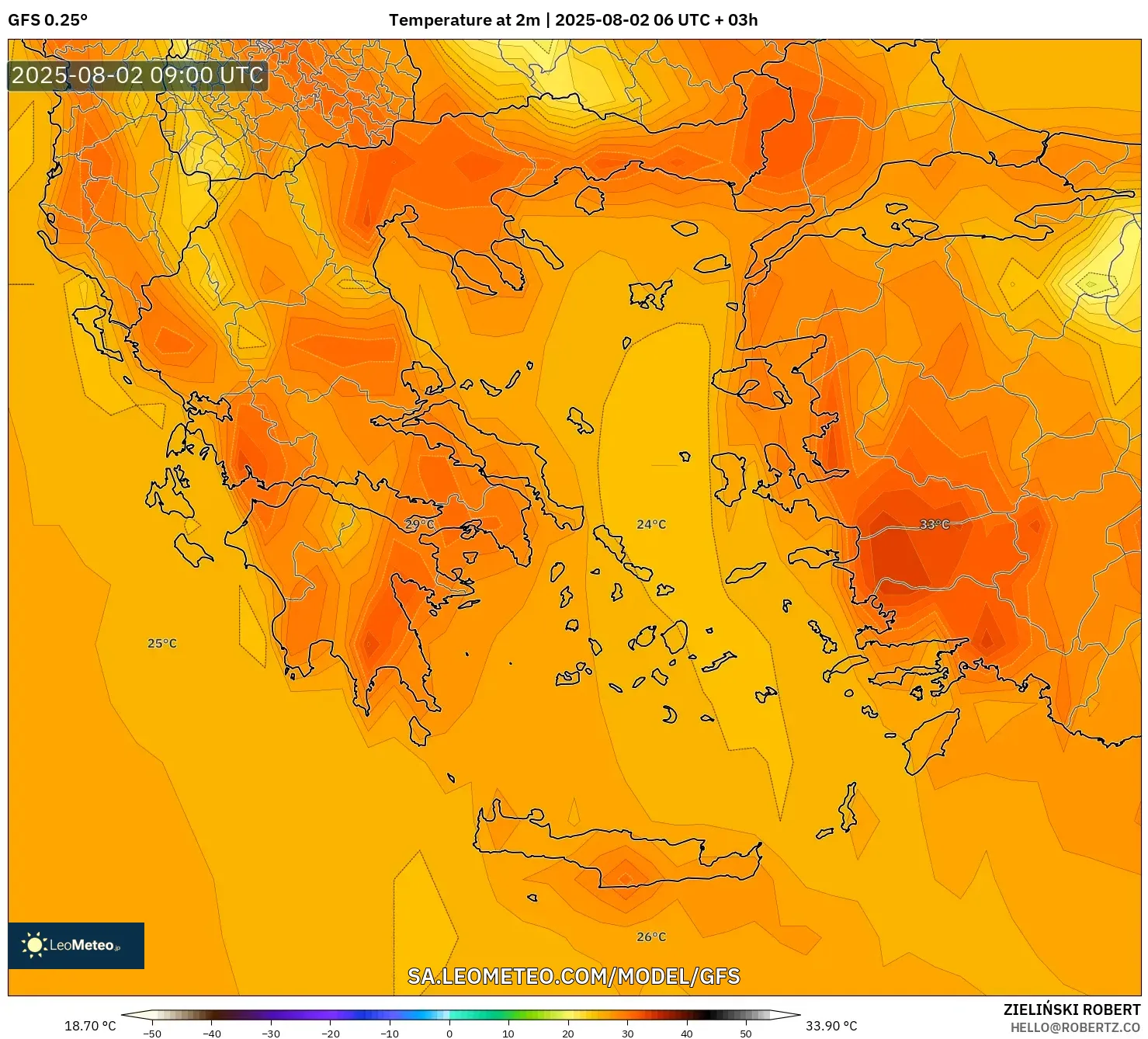 GFS model - Yunani, Suhu pada 2 m GFS model - Yunani, Suhu pada 2 m