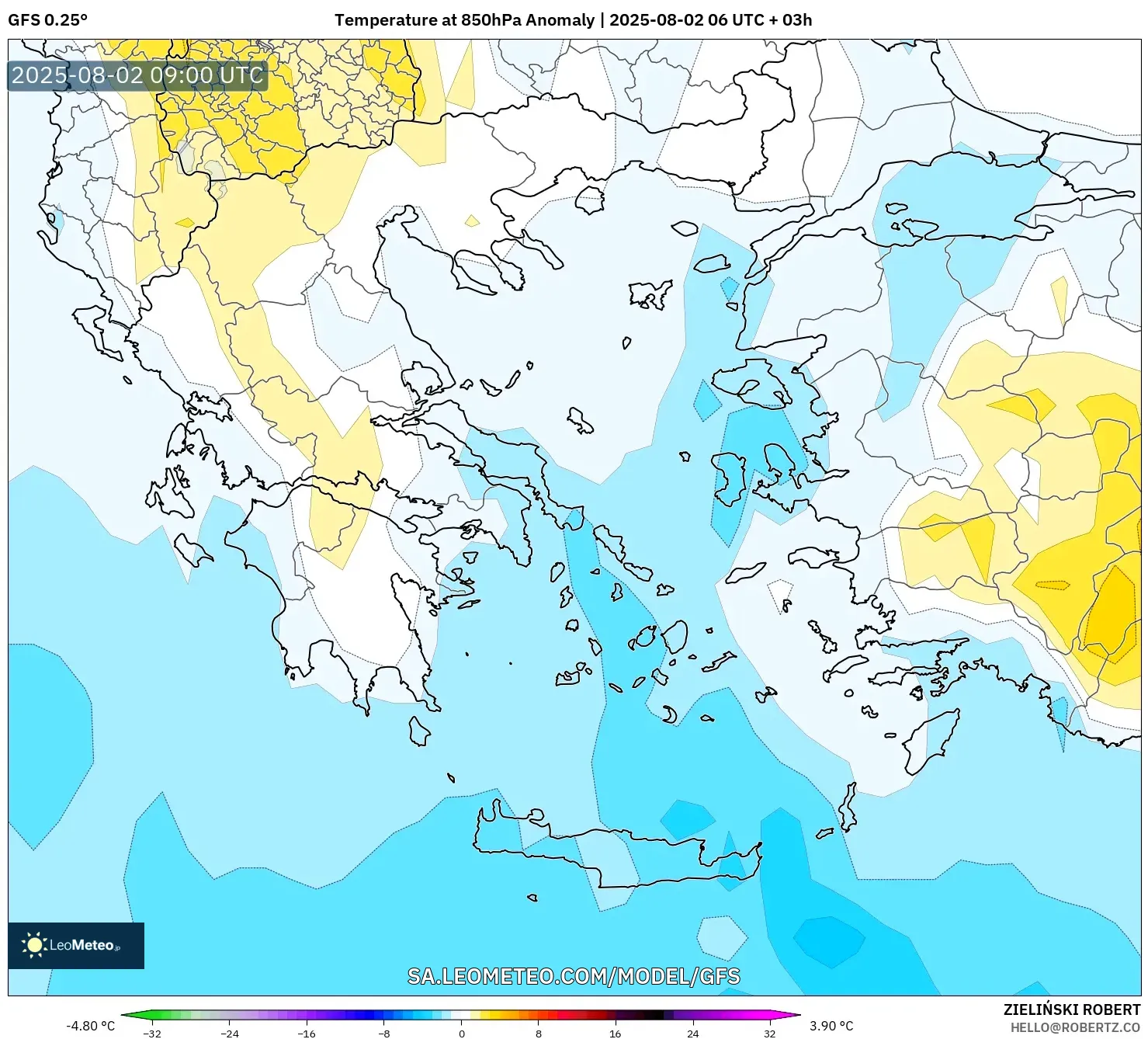 GFS model - Yunani, Anomali Suhu 850 hPa