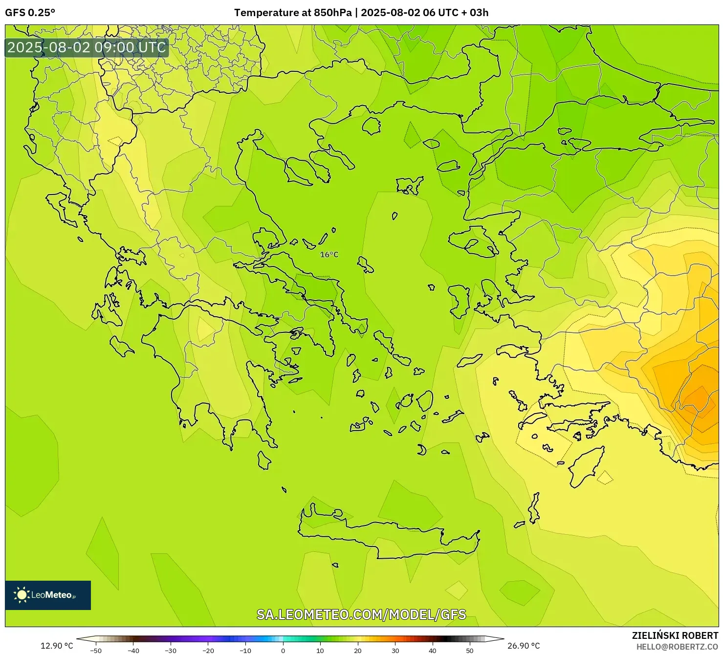 GFS model - Yunani, Suhu 850 hPa