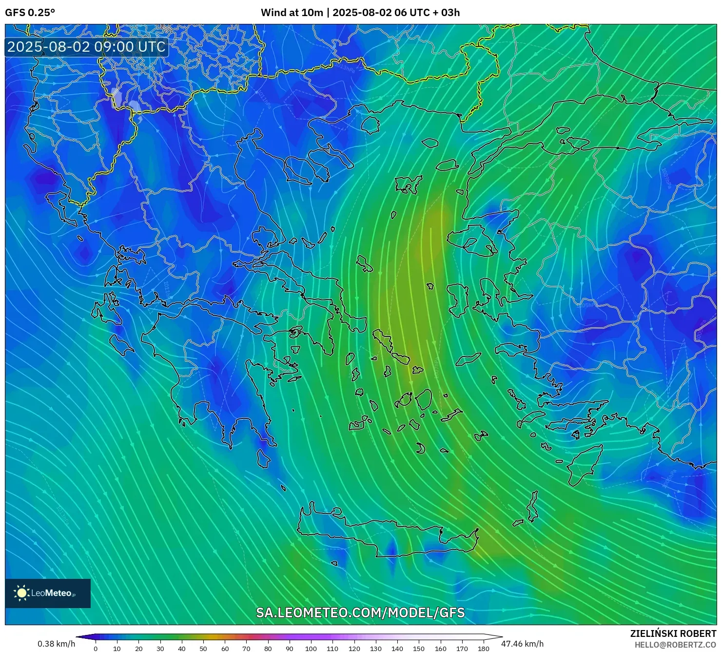 GFS model - Yunani, Angin 10 m