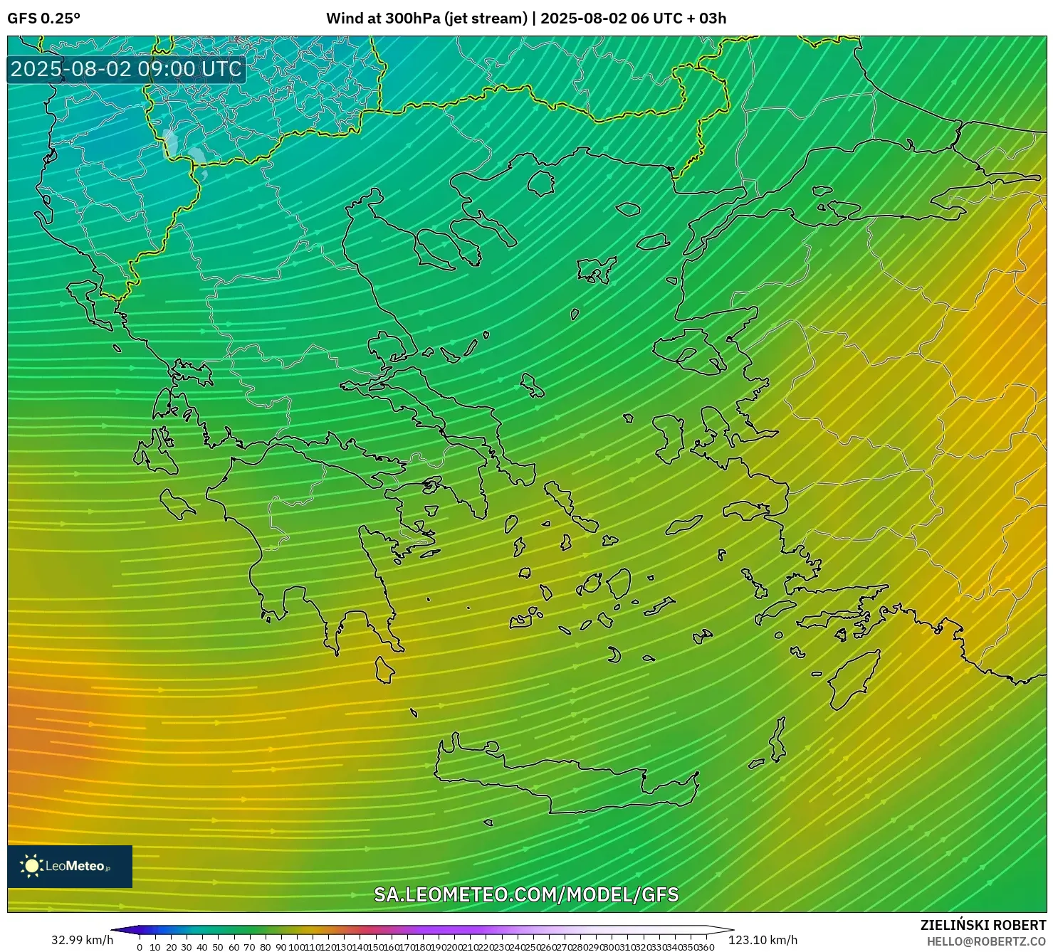 GFS model - Yunani, Angin 300 hPa (aliran jet) GFS model - Yunani, Angin 300 hPa (aliran jet)