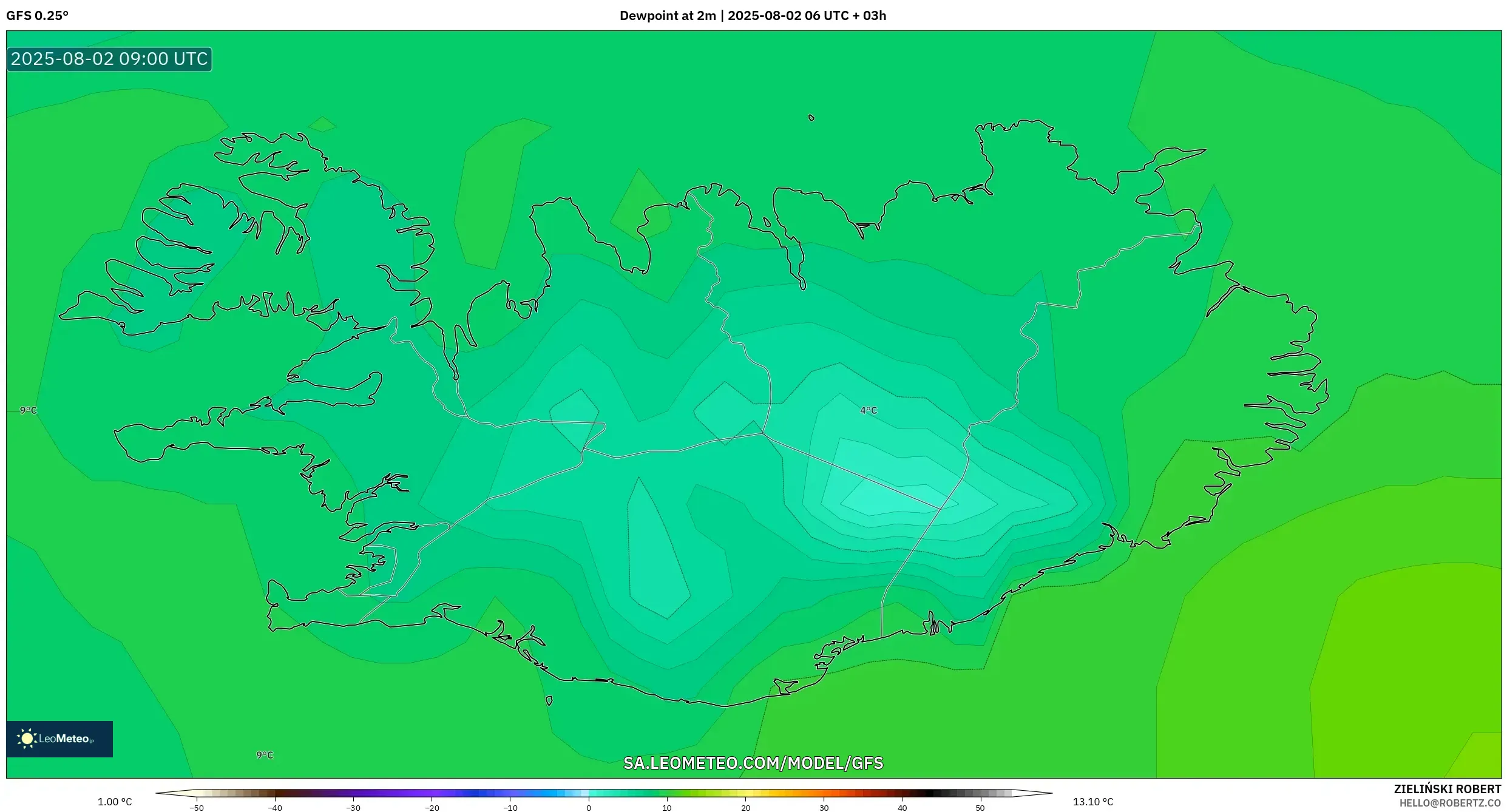 GFS model - Islandia, Titik Embun 2 m GFS model - Islandia, Titik Embun 2 m