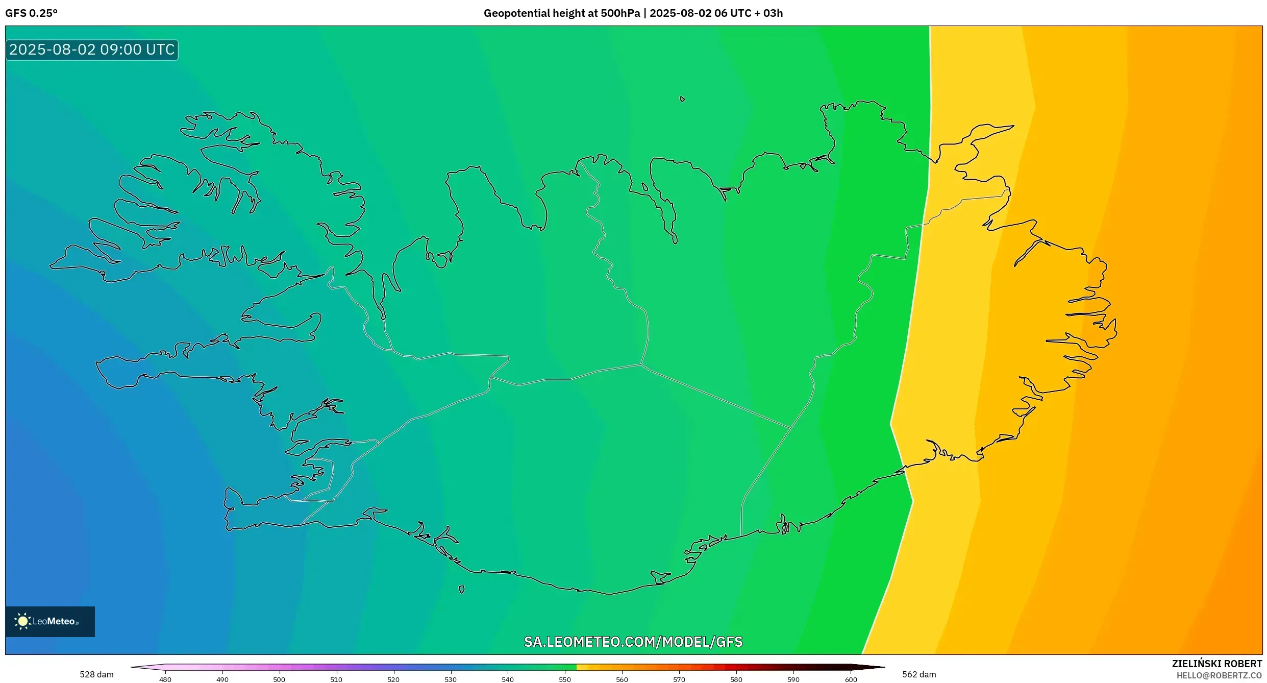 GFS model - Iceland, Ketinggian geopotensial pada 500 hPa GFS model - Iceland, Ketinggian geopotensial pada 500 hPa