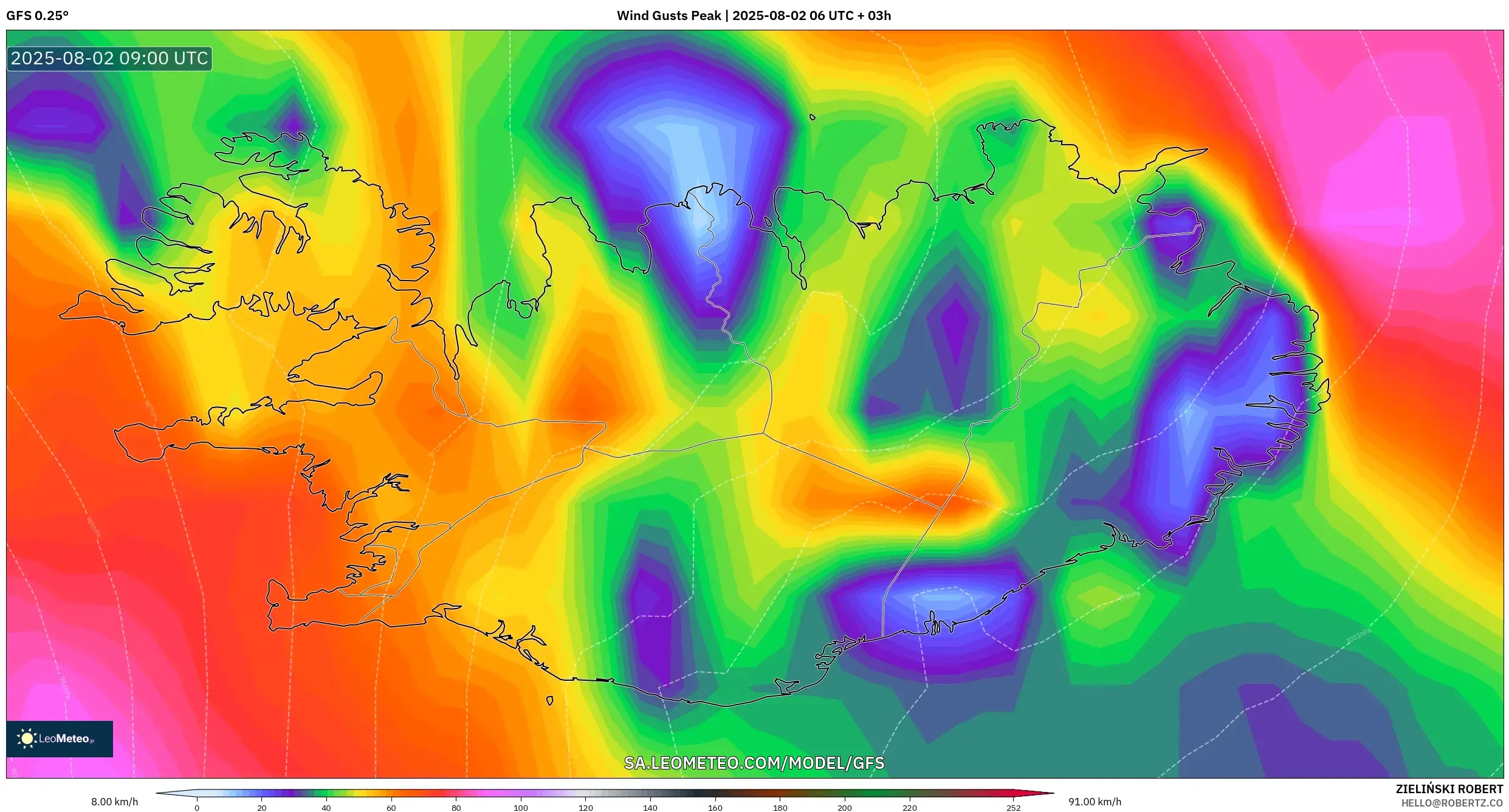 GFS model - Islandia, Puncak Hembusan