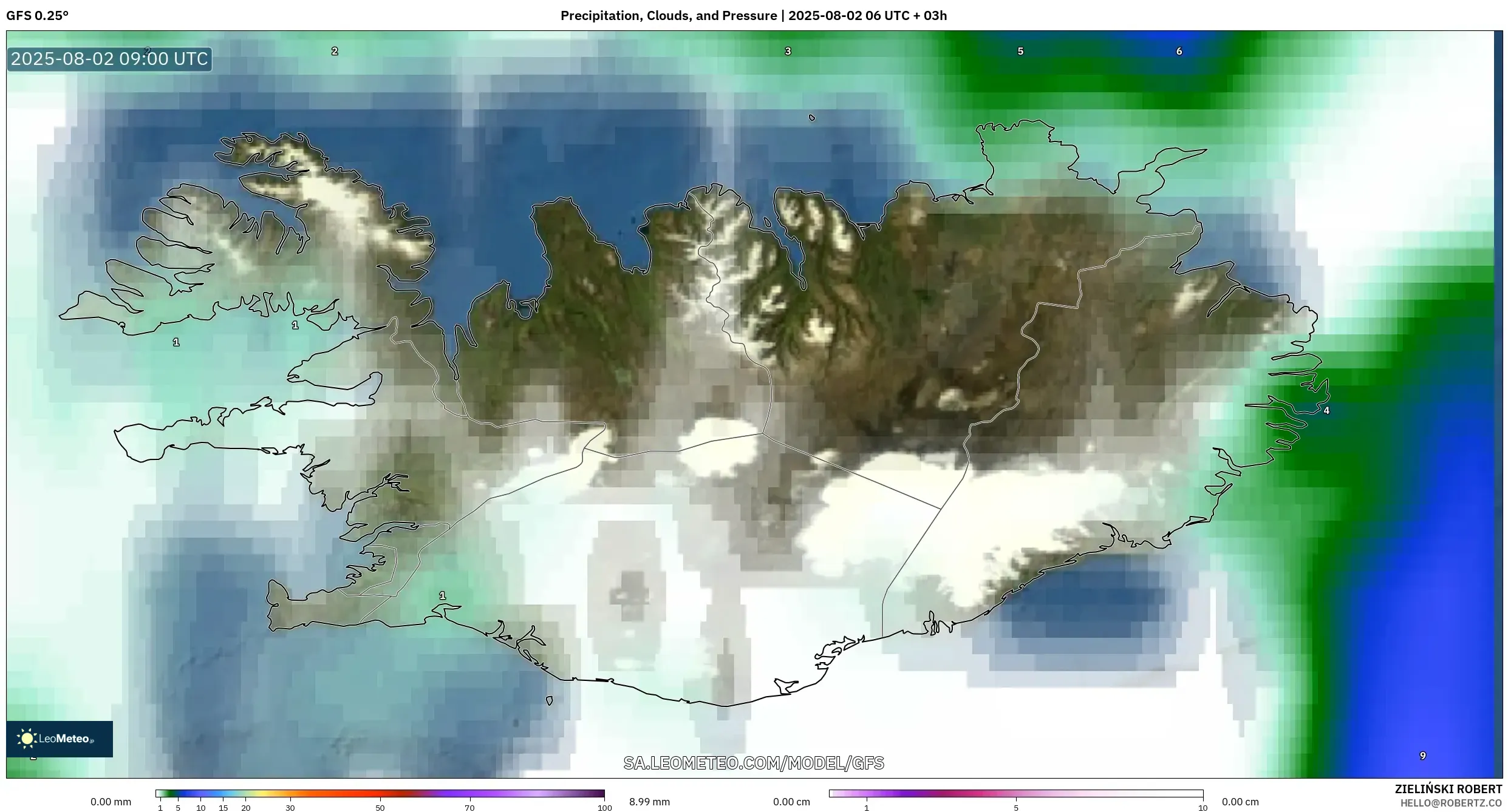 GFS model - Islandia, Curah Hujan, Awan, dan Tekanan GFS model - Islandia, Curah Hujan, Awan, dan Tekanan